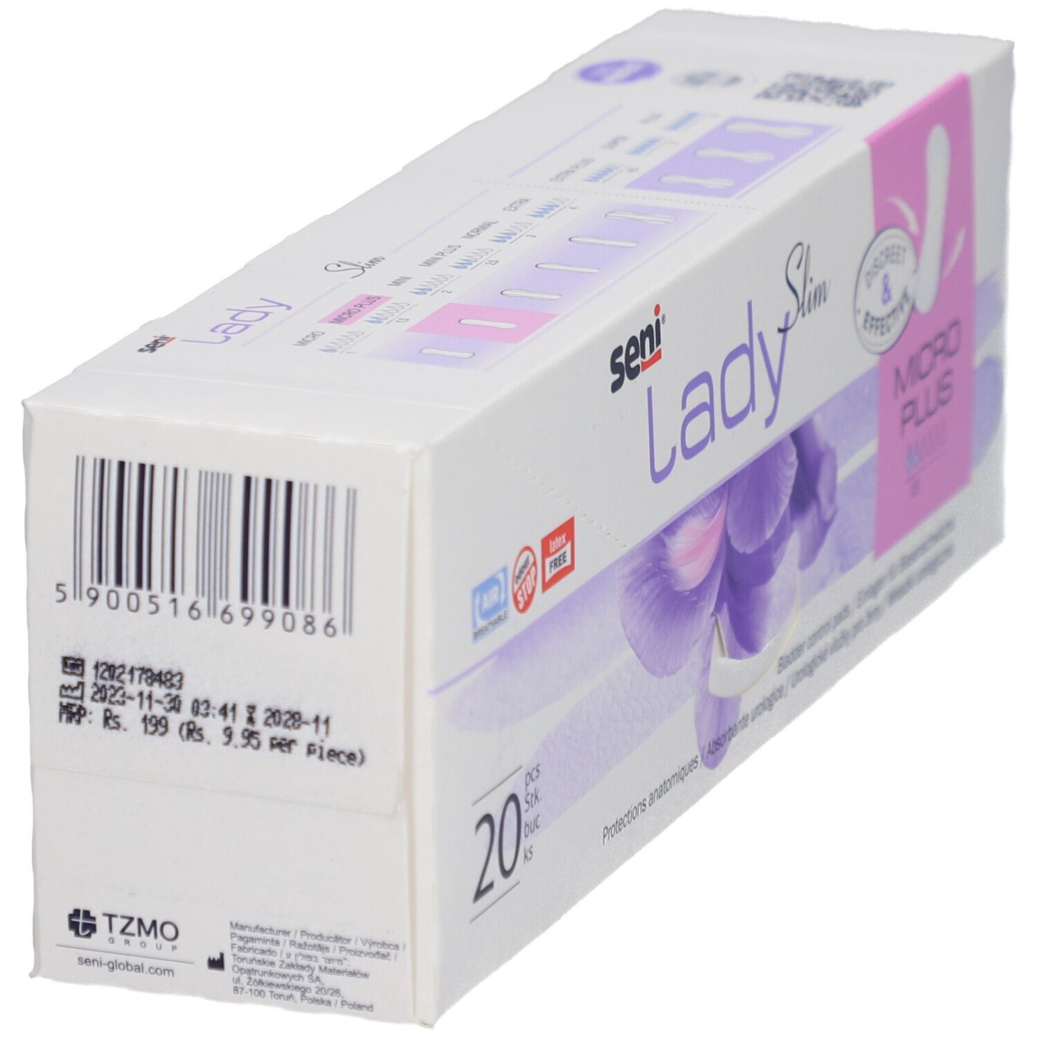 Verpakking Seni Lady Slim Micro Plus. Barcode en prijsinformatie. 20 stuks. Opschrift: Discreet & Effective.