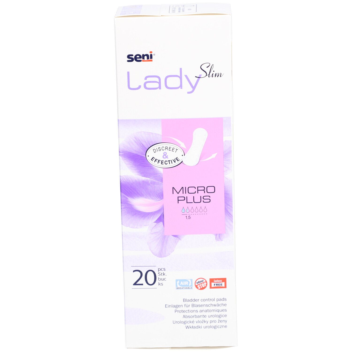 Verpakking Seni Lady Slim Micro Plus. 20 stuks. Opschrift: Discreet & Effective. Inlegkruisjes. Wit-paars design.