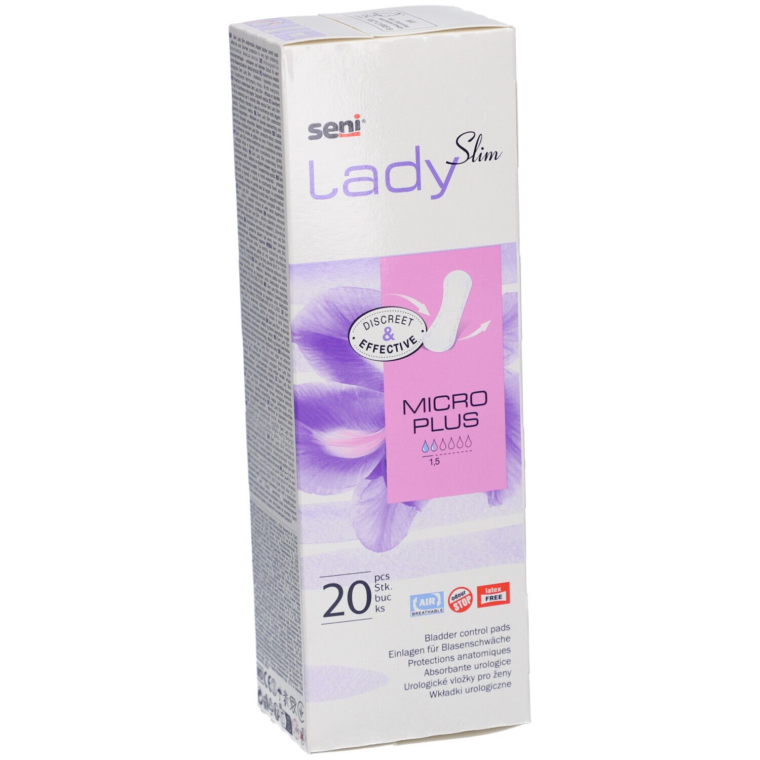 Verpakking Seni Lady Slim Micro Plus. 20 stuks. Opschrift: Discreet & Effective. Inlegkruisjes. Wit-paars design.