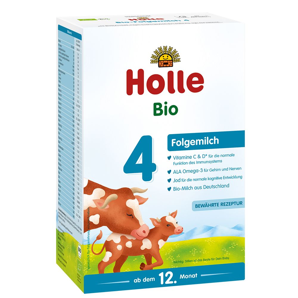 Holle Bio 4 opvolgmelk verpakking. Bevat vitamine C & D, ALA Omega-3 en jodium. Vanaf 12 maanden.