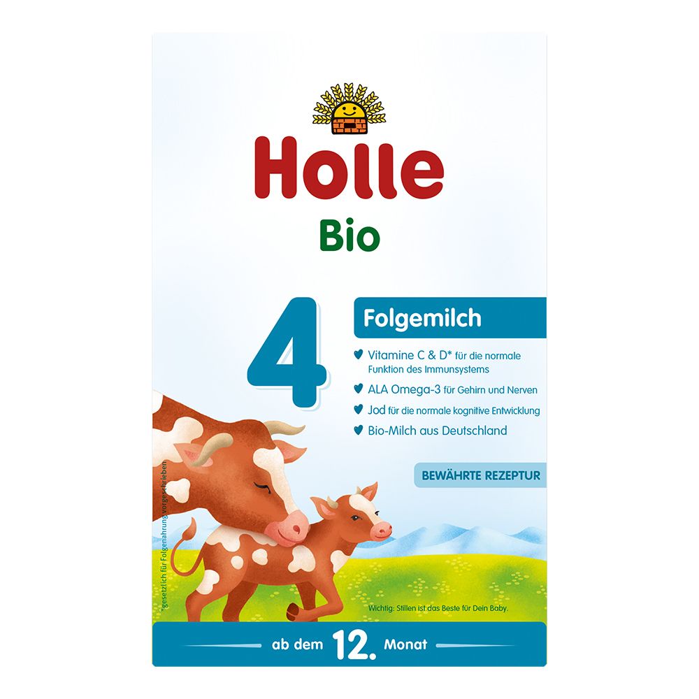 Holle Bio 4 opvolgmelk verpakking. Bevat vitamine C & D, ALA Omega-3 en jodium. Vanaf 12 maanden.