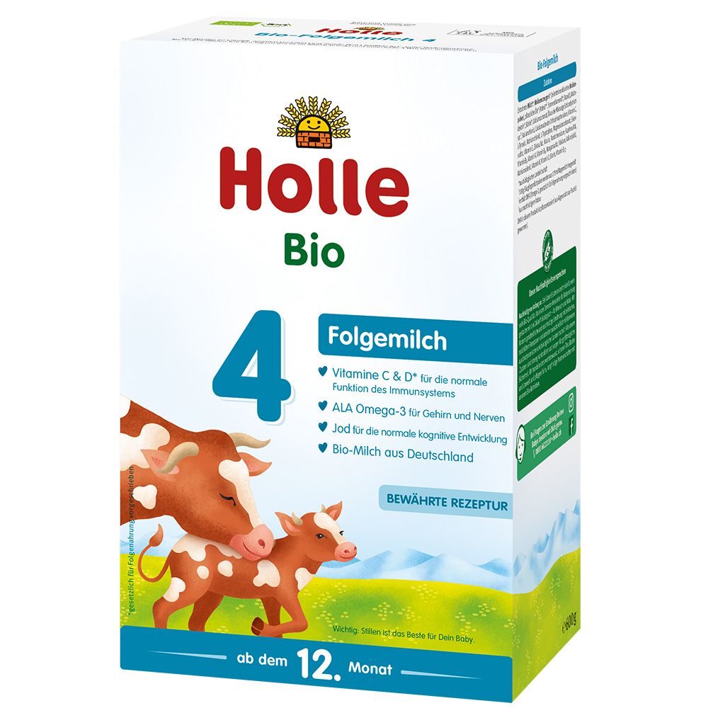 Holle Bio 4 opvolgmelk verpakking. Bevat vitamine C & D, ALA Omega-3 en jodium. Vanaf 12 maanden.