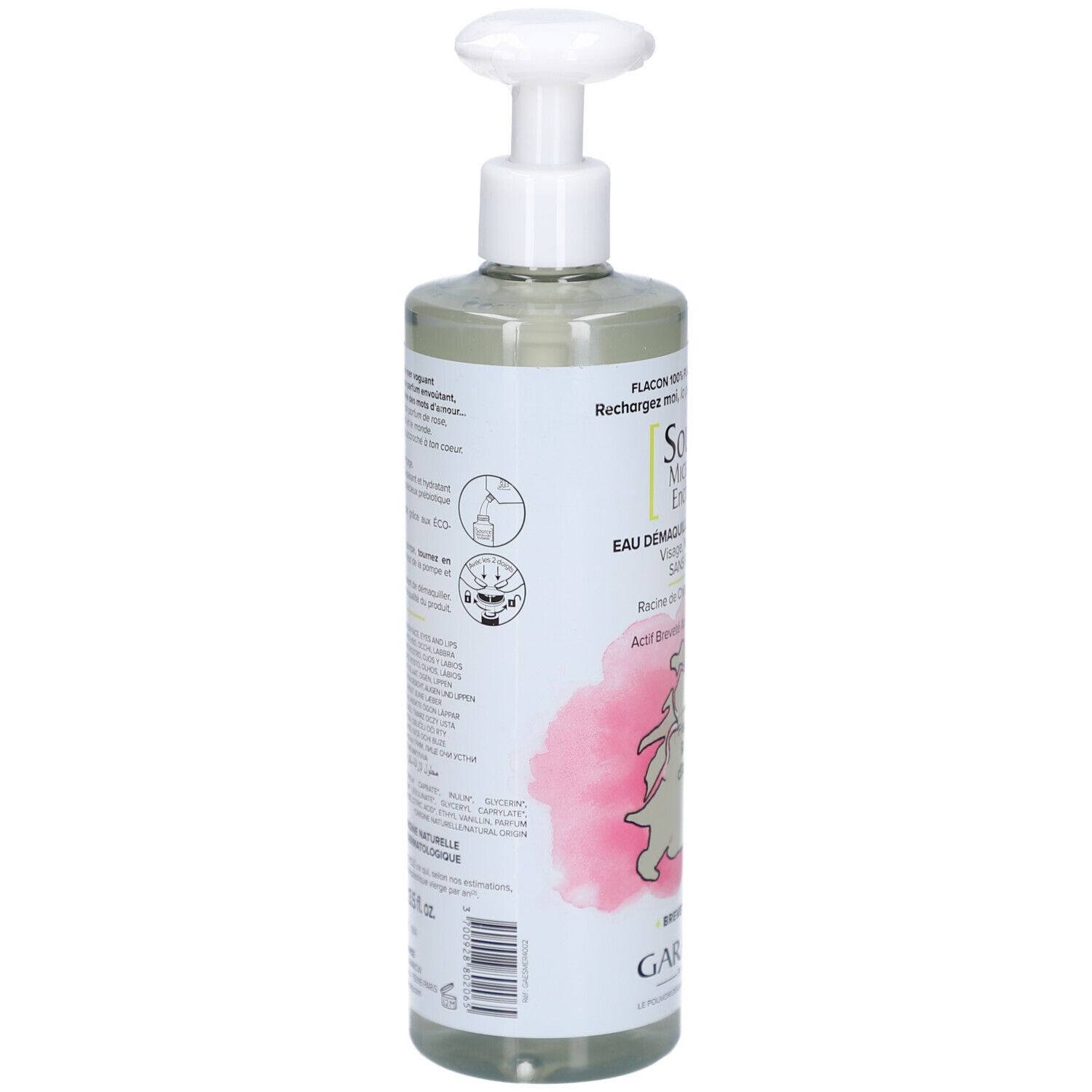 Garancia Eau Micellaire Enchantée Achterkant van de fles met pompdispenser, 400ml.