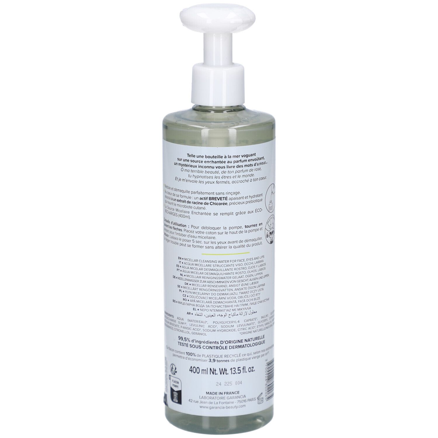 Garancia Eau Micellaire Enchantée Achterkant van de fles met pompdispenser, 400ml.