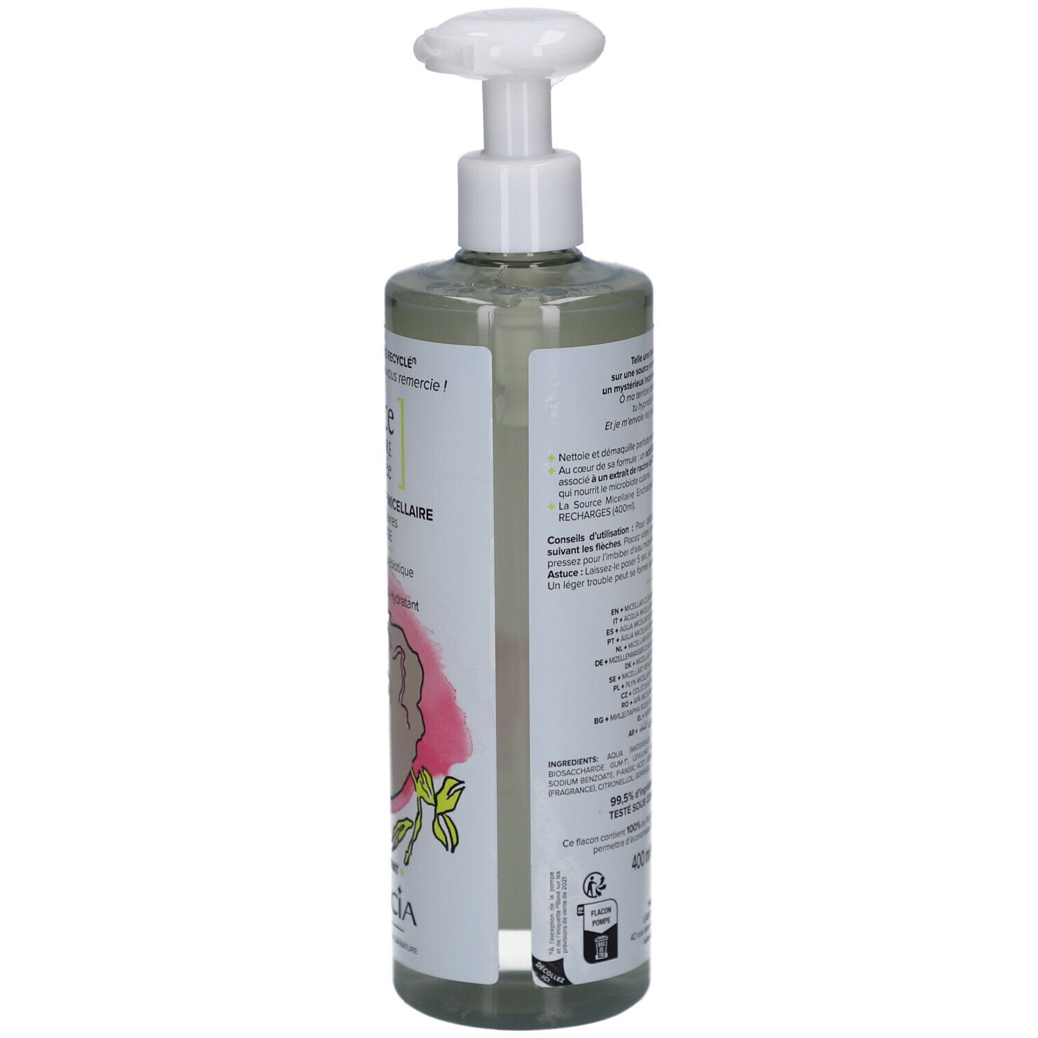 Garancia Eau Micellaire Enchantée Achterkant van de fles met pompdispenser, 400ml.
