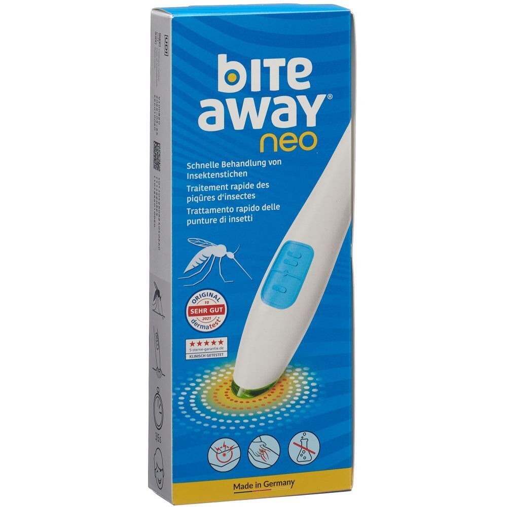 Verpakking van bite away® neo. Wit apparaat met blauw bedieningspaneel. Tekst: Snelle behandeling van insectenbeten.