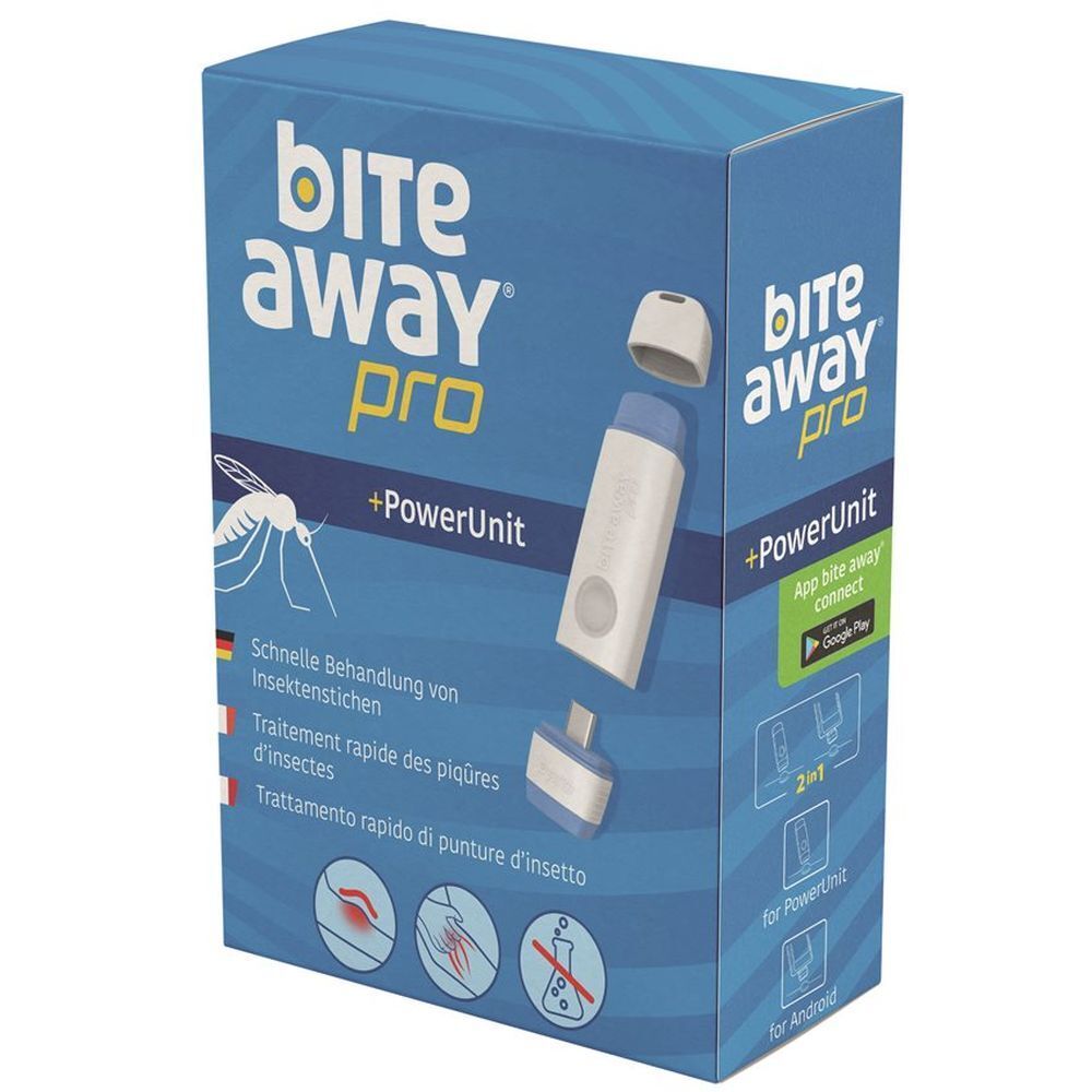 Emballage de bite away® pro +PowerUnit. Boîte bleue et blanche avec image du produit et texte. Contient un appareil et des accessoires.
