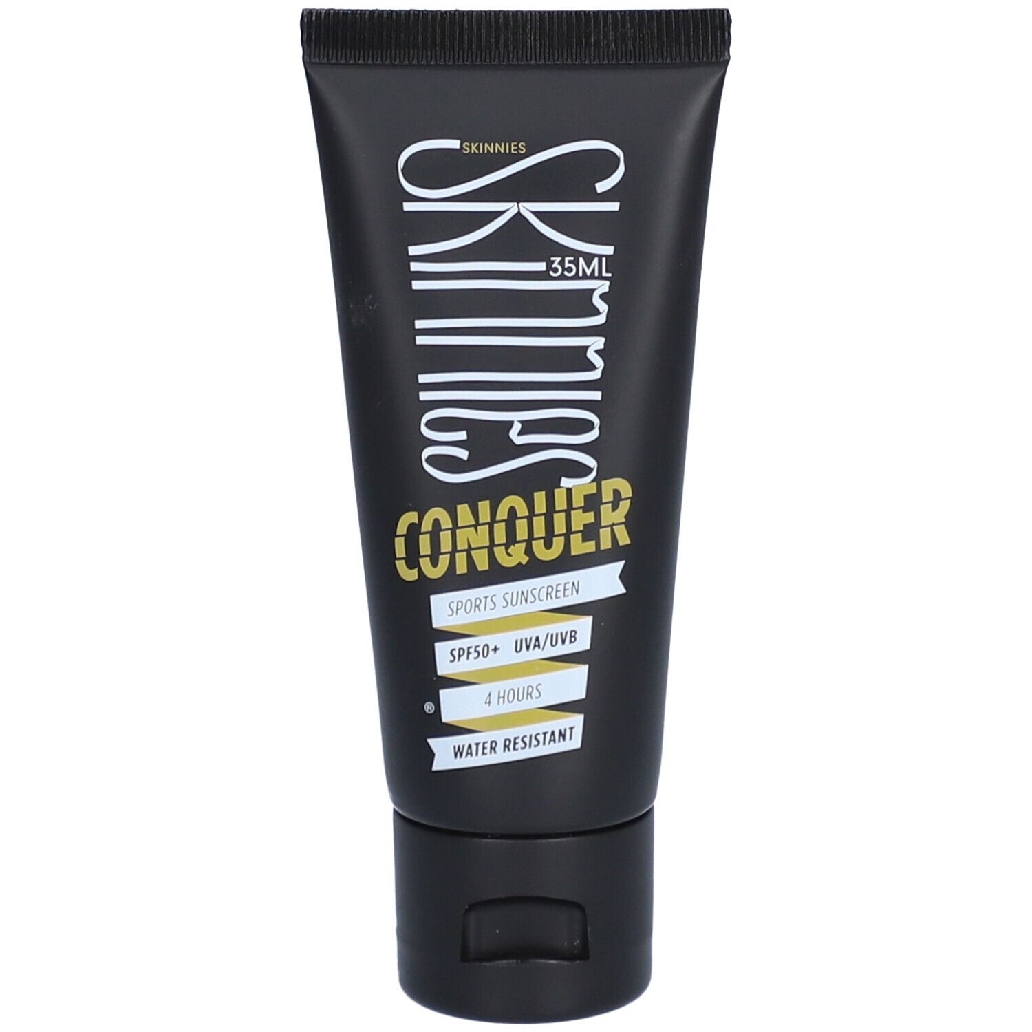 Tube noire Skinnies Conquer SPF50. Contient 35ml. Texte: Sports Sunscreen, SPF50+, UVA/UVB, 4 heures, résistant à l'eau.