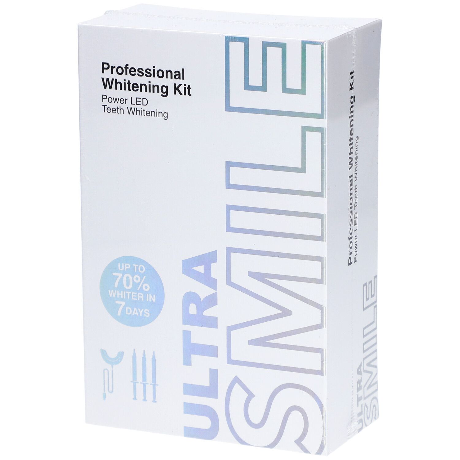 Witte verpakking met "Professional Whitening Kit" en "ULTRA SMILE". LED-tandenbleken.