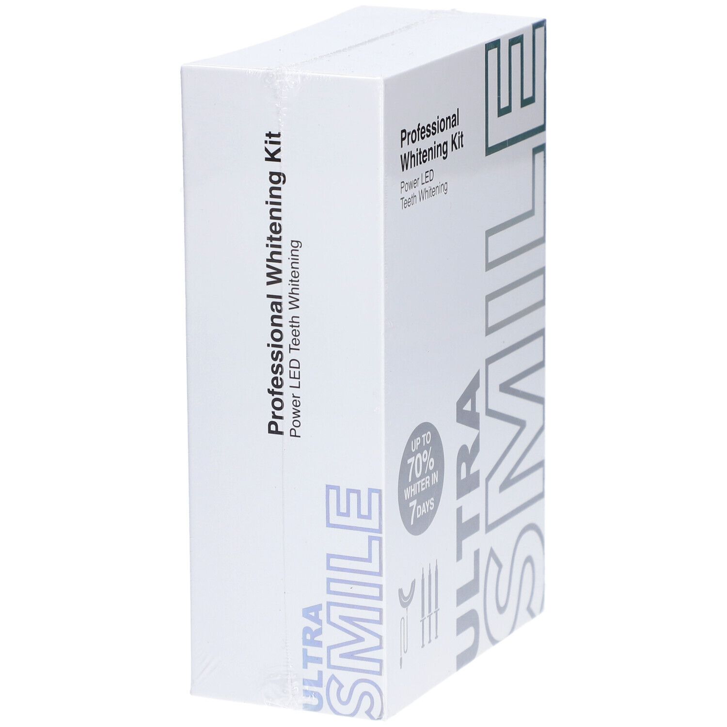 Witte verpakking met "Professional Whitening Kit" en "ULTRA SMILE". Zijaanzicht.