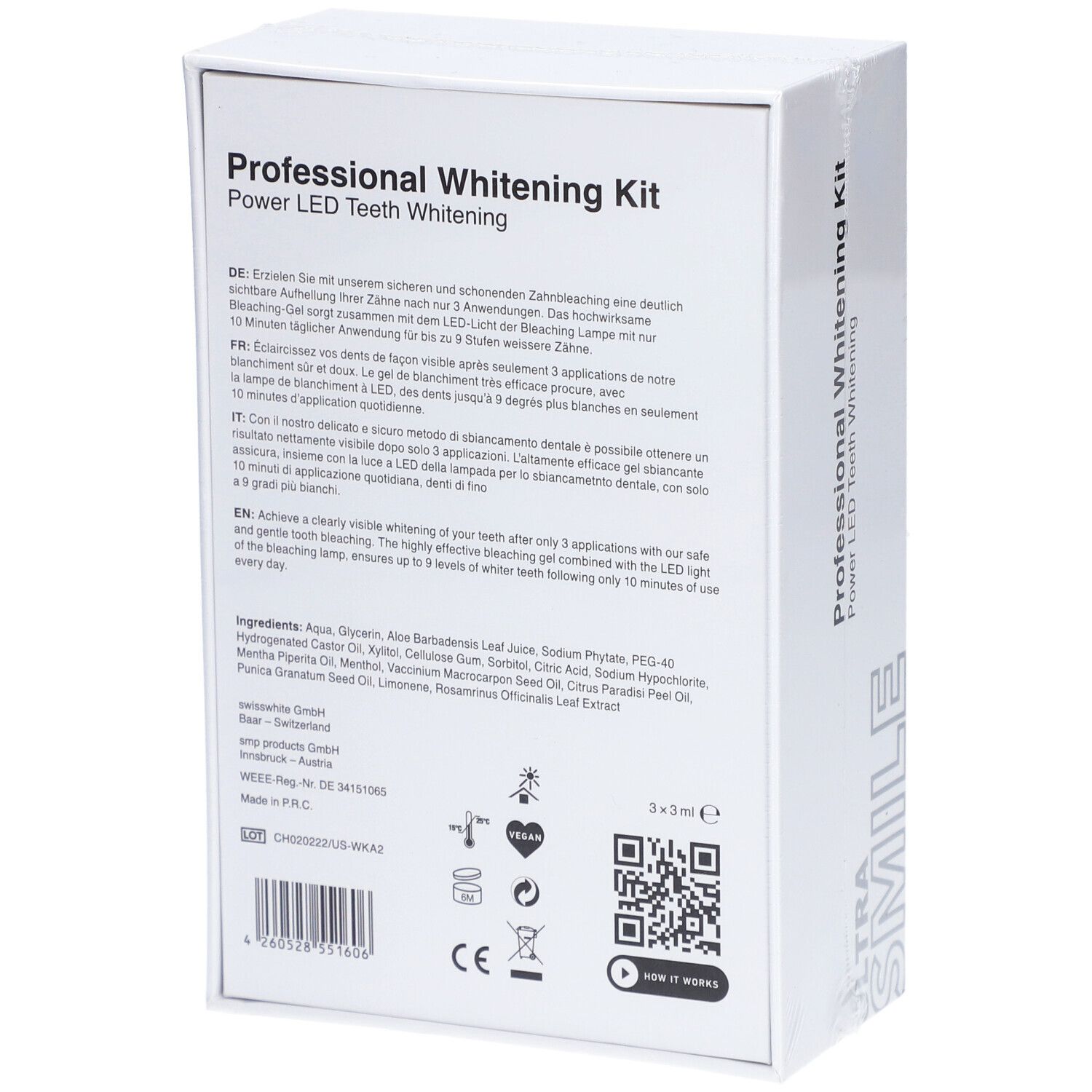 Achterkant van de witte verpakking. Tekst: "Professional Whitening Kit", ingrediënten, instructies, logo's.