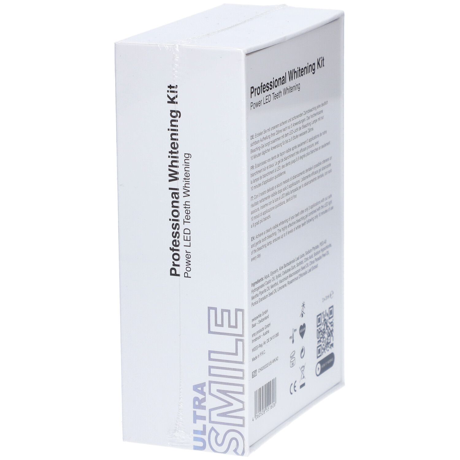 Witte verpakking met "Professional Whitening Kit" en "ULTRA SMILE". Zijaanzicht.