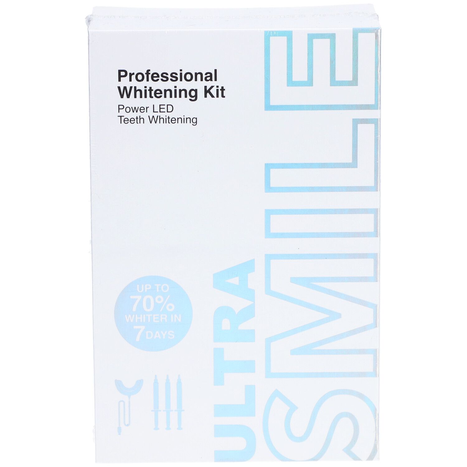 Witte verpakking met "Professional Whitening Kit" en "ULTRA SMILE". LED-tandenbleken.