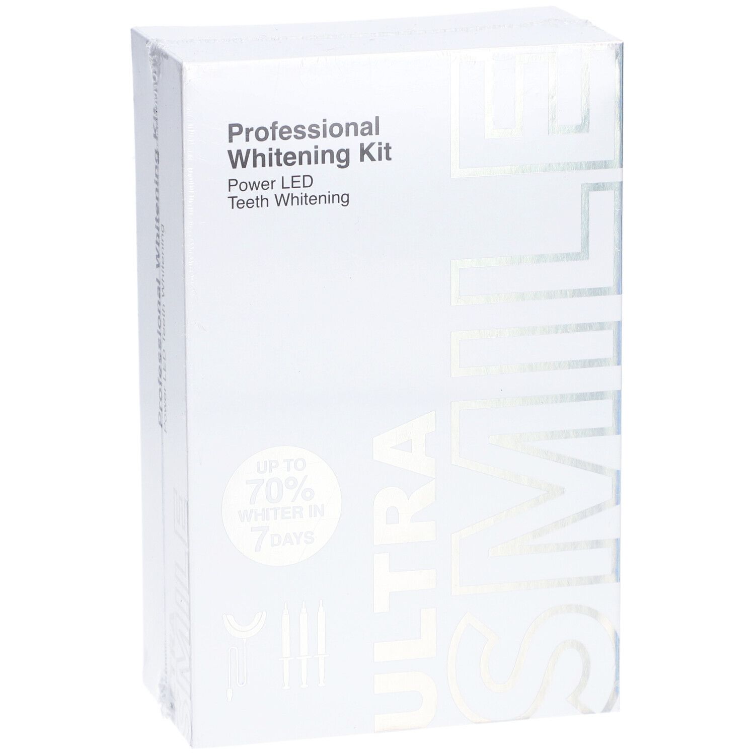Witte verpakking met "Professional Whitening Kit" en "ULTRA SMILE". LED-tandenbleken.