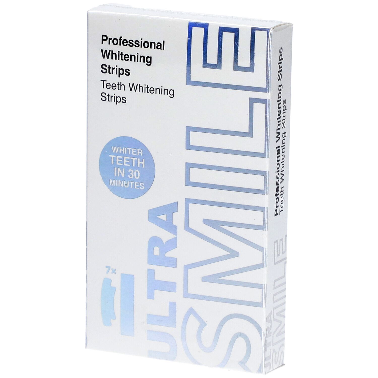 Witte doos met "Professional Whitening Strips" en "ULTRA SMILE" logo. Bevat 7x2 strips. Tekst: "WHITER TEETH IN 30 MINUTES".
