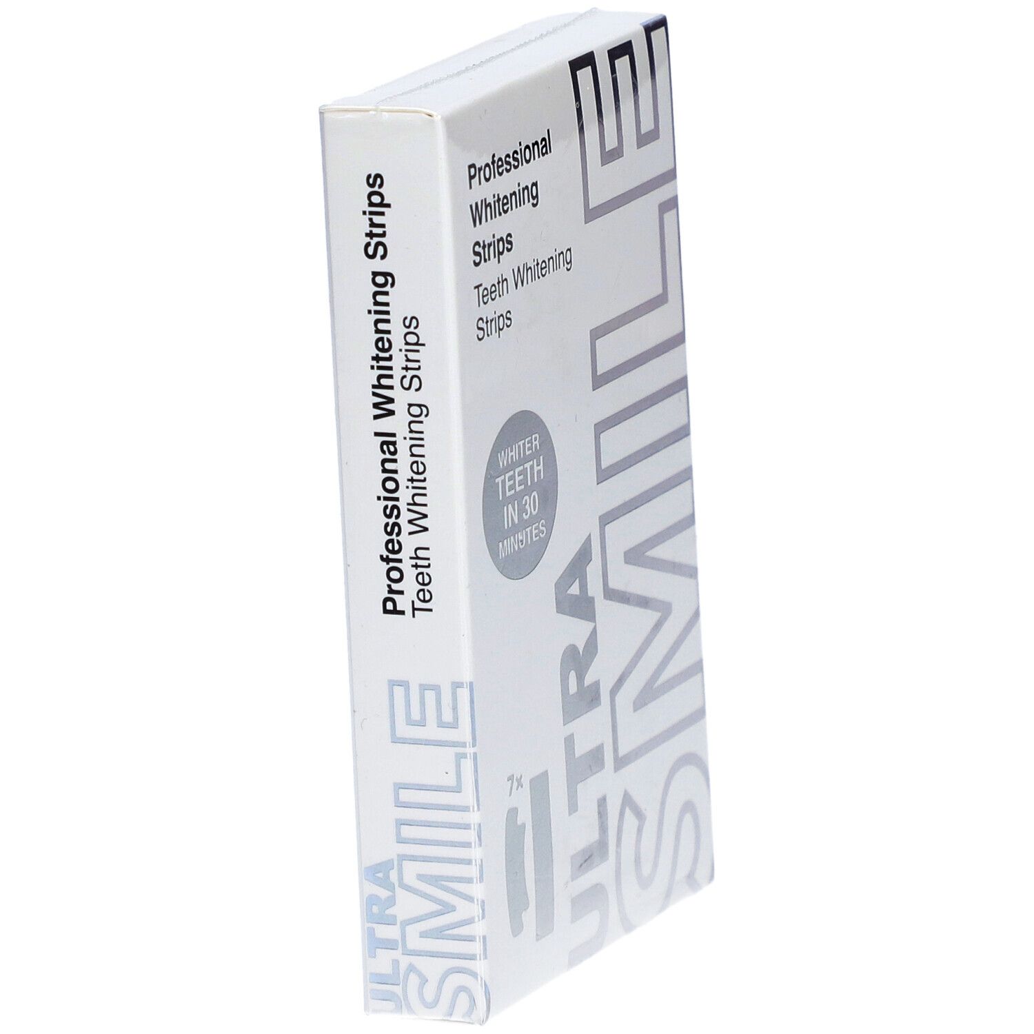 Witte doos met "Professional Whitening Strips" en "ULTRA SMILE" logo. Zijaanzicht. Tekst: "WHITER TEETH IN 30 MINUTES".