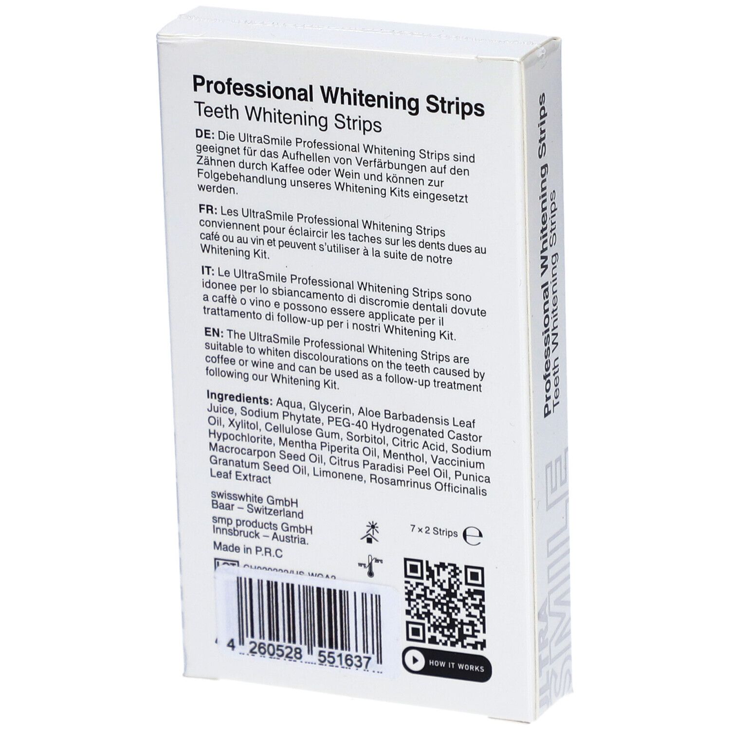 Witte doos met tekst in het Duits, Engels en Italiaans. Bevat ingrediënten en fabrikant informatie. QR-code.