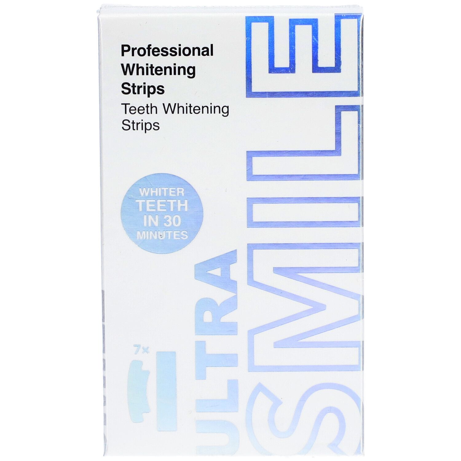 Witte doos met "Professional Whitening Strips" en "ULTRA SMILE" logo. Tekst: "WHITER TEETH IN 30 MINUTES". Bevat 7x2 strips.