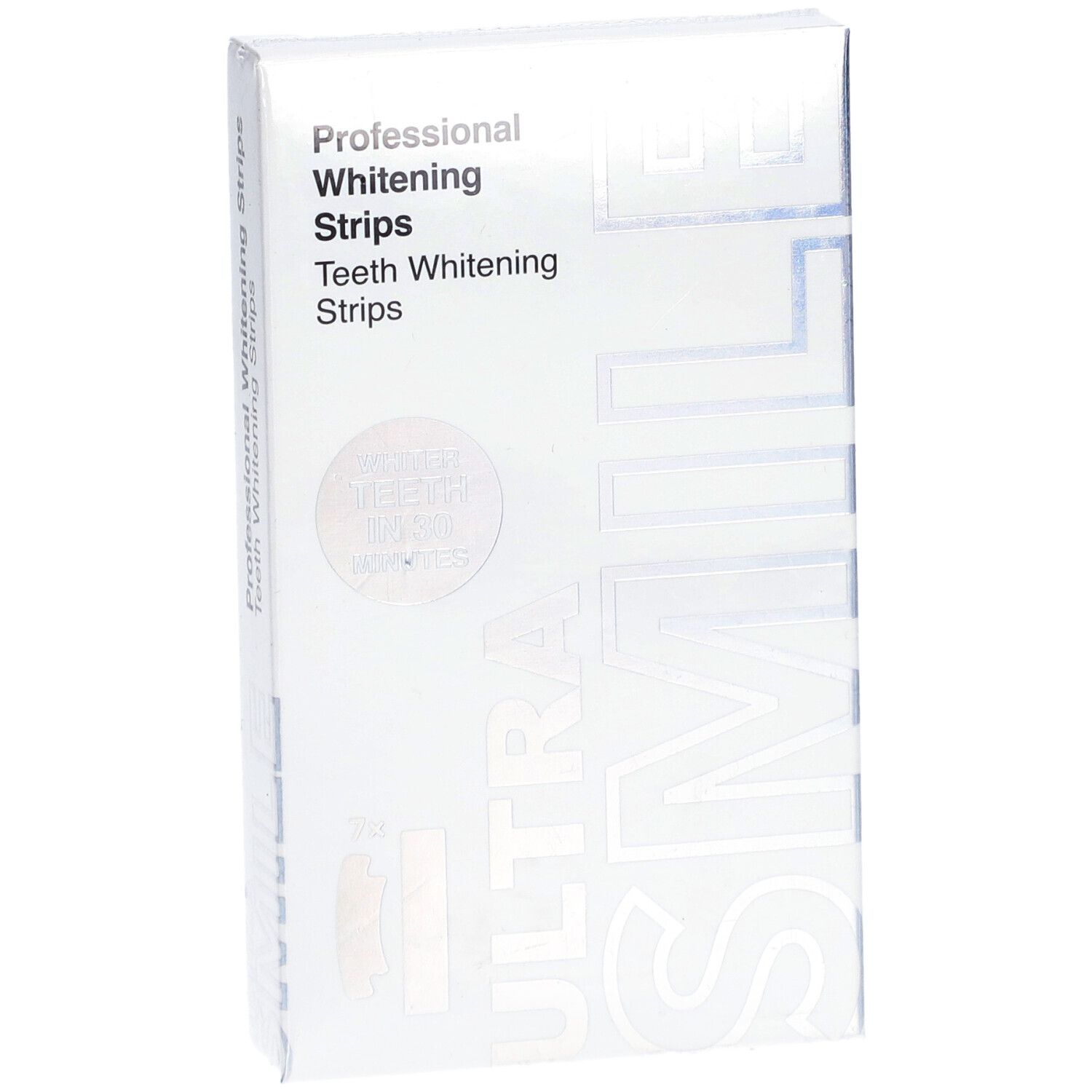 Witte doos met "Professional Whitening Strips" en "ULTRA SMILE" logo. Zijaanzicht. Bevat 7x2 strips.