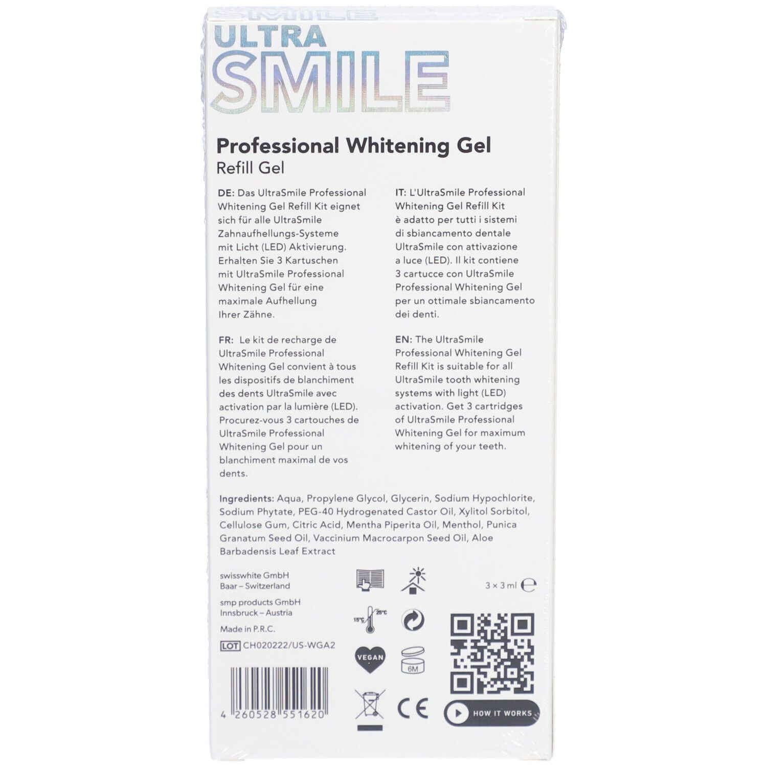 Dos de la boîte avec informations produit, ingrédients et code QR. Contient 3 x 3 ml.