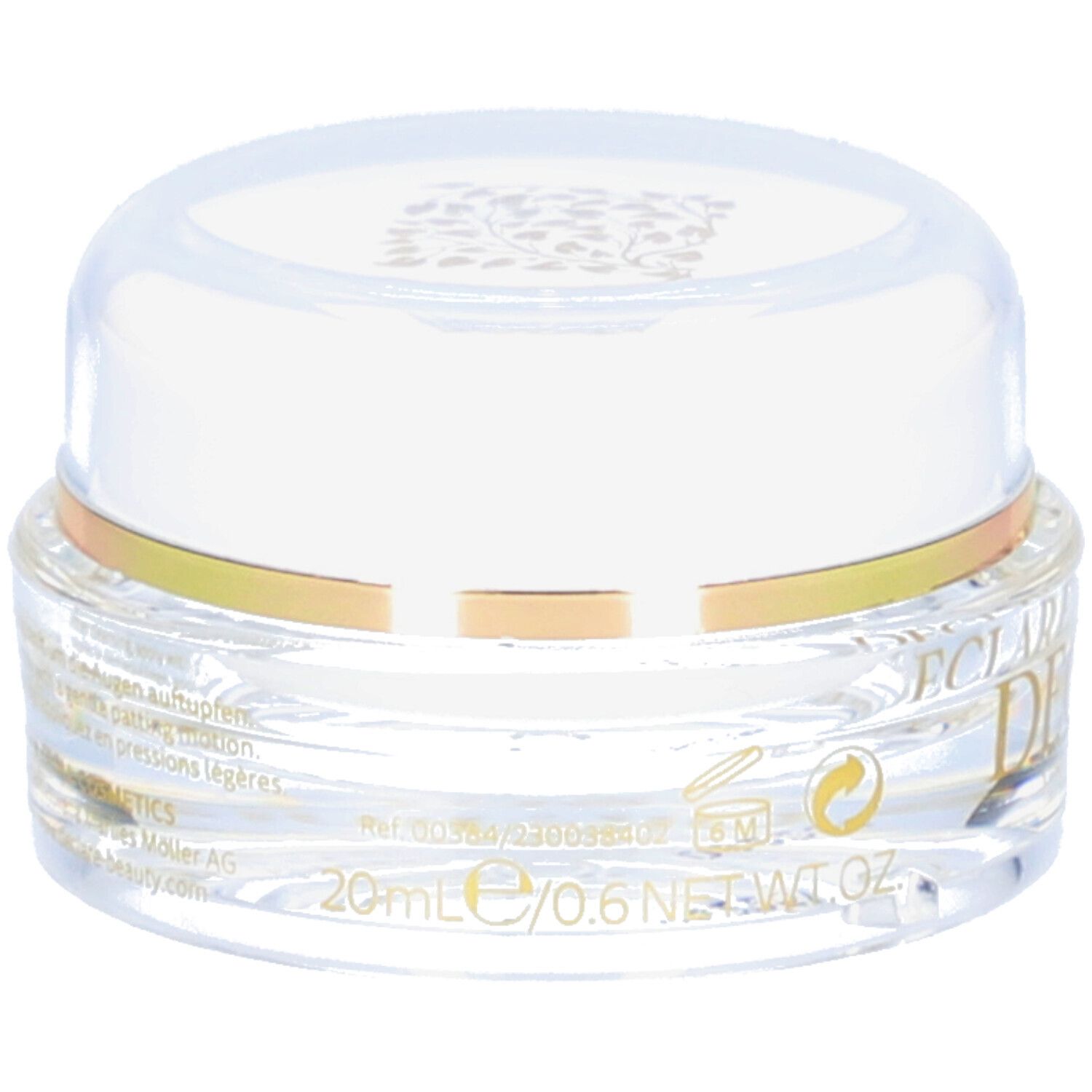 Pot transparent avec couvercle blanc et anneau doré. Logo DECLARÉ et inscription « SWITZERLAND » visibles. Indication de volume.