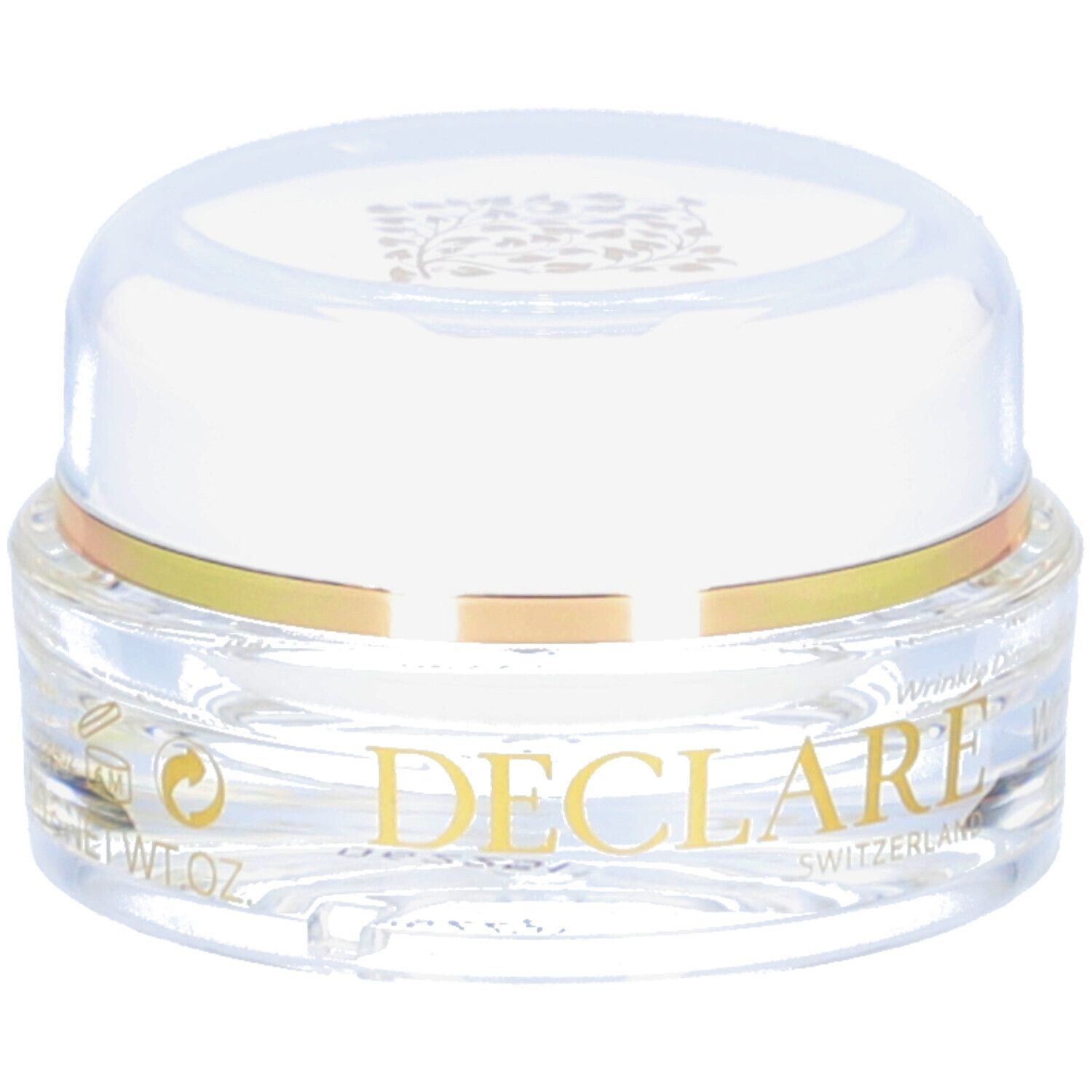 Pot transparent avec couvercle blanc et anneau doré. Logo DECLARÉ et inscription « SWITZERLAND » visibles. Indication de volume.