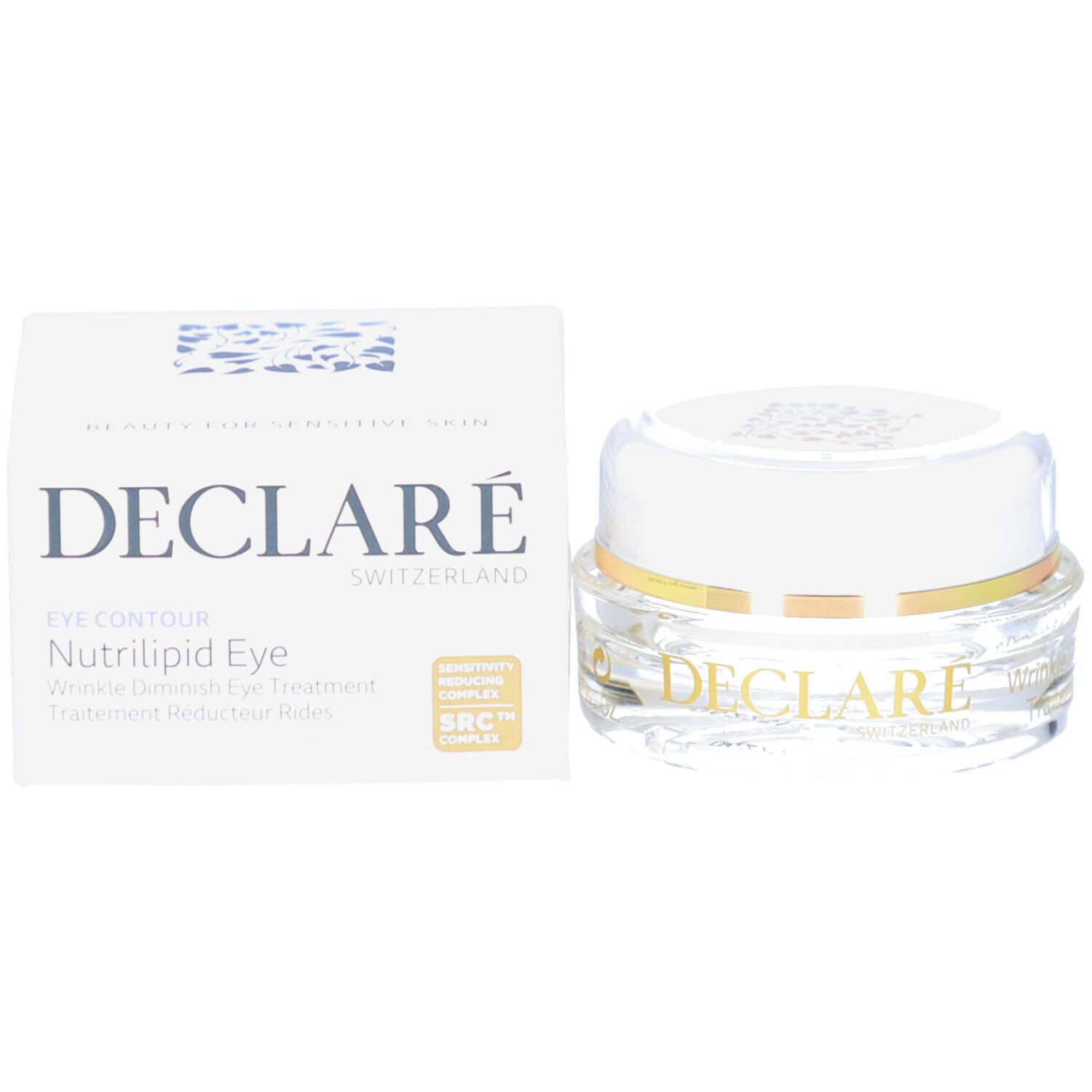 Produit et emballage. Boîte blanche et pot transparent avec couvercle blanc. Logo DECLARÉ et désignation du produit.