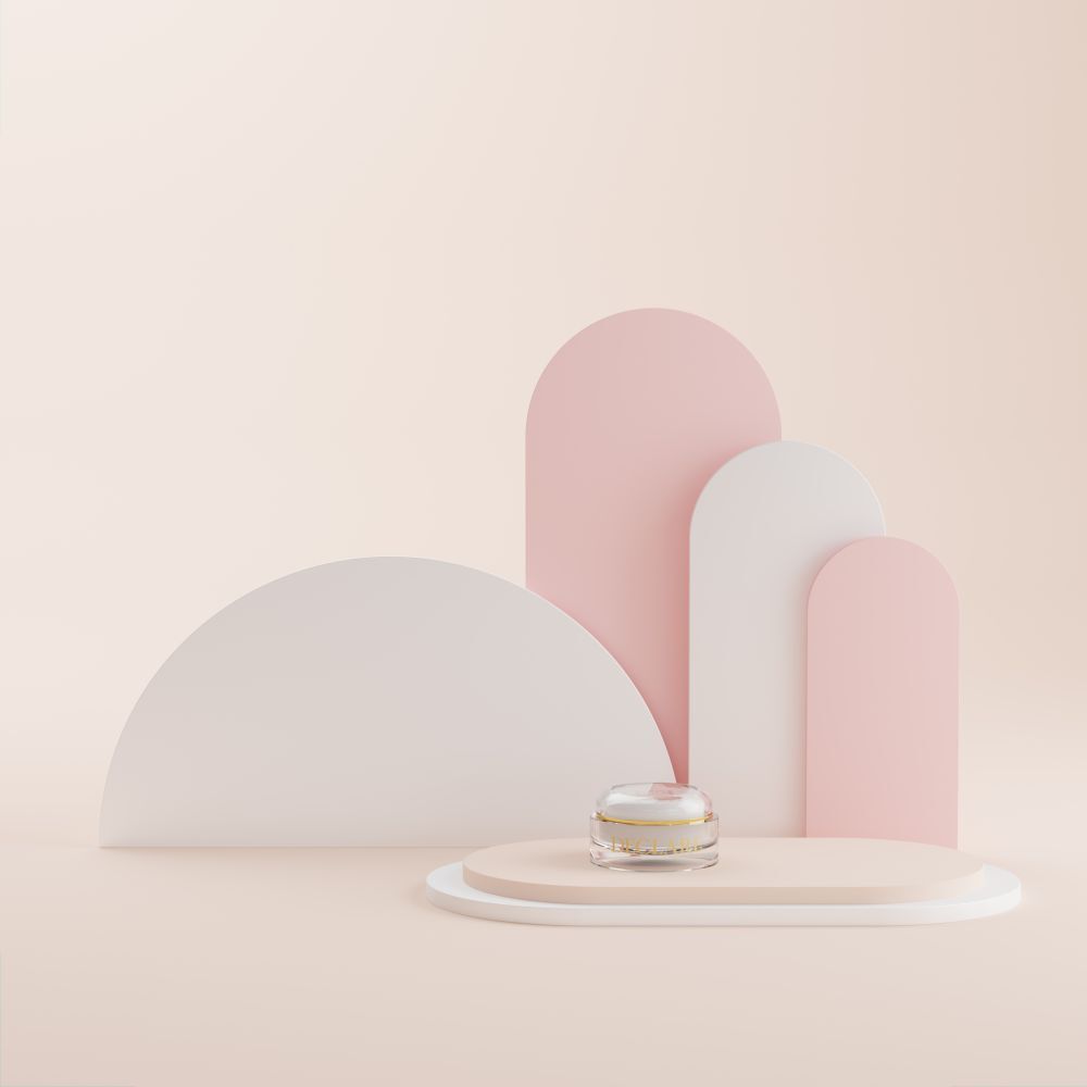 Product op een ovaal voetstuk. Achtergrond met roze en witte bogen. Roze en witte achtergrond.