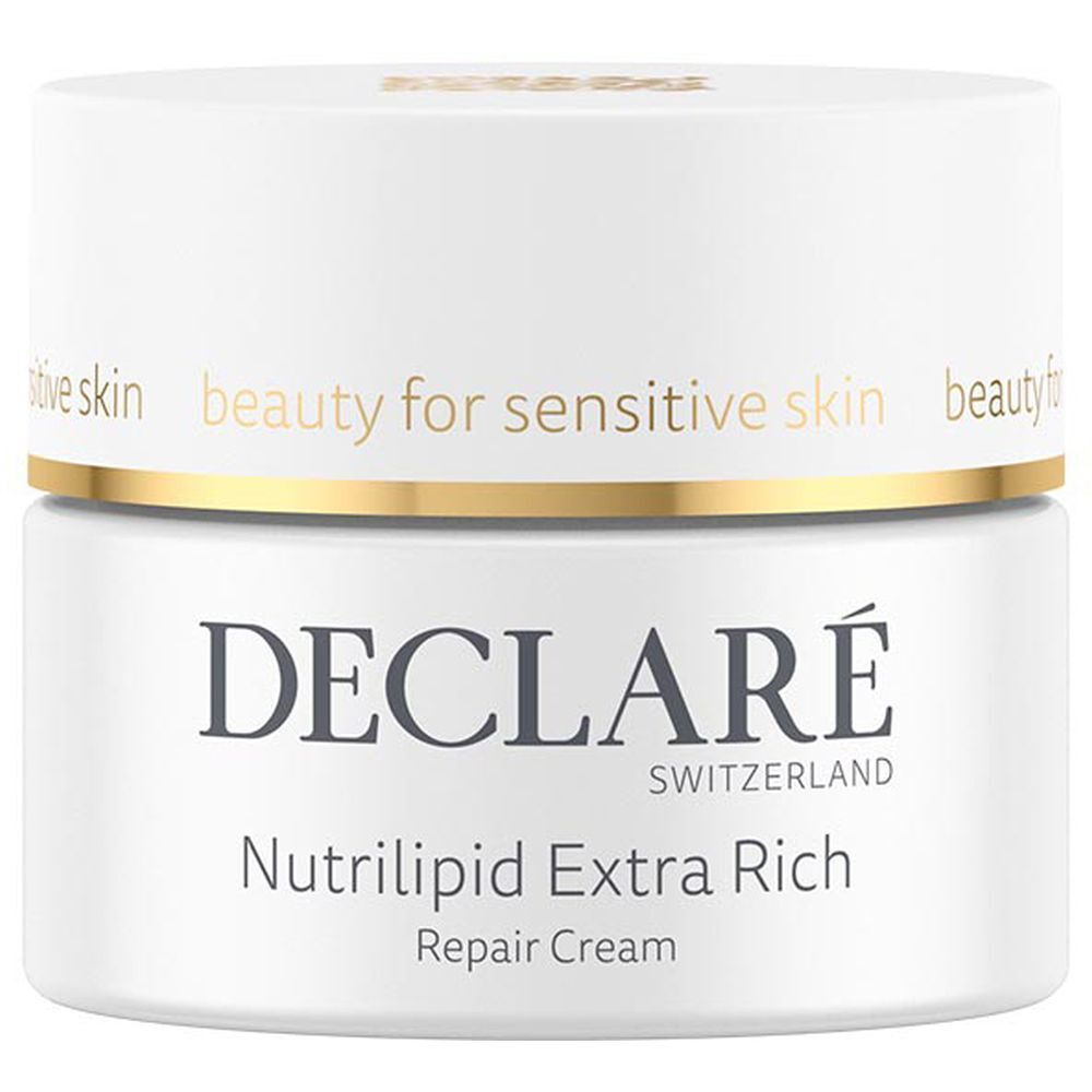 Pot blanc avec anneau doré. Logo DECLARÉ et nom du produit Nutrilipid Extra Rich Repair Cream.