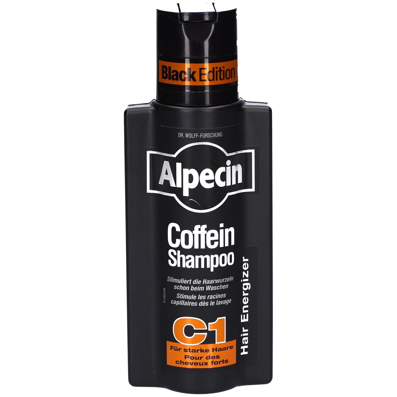 Zwarte fles Alpecin Coffein Shampoo C1. Etiket met productnaam en opschrift 'Black Edition'.