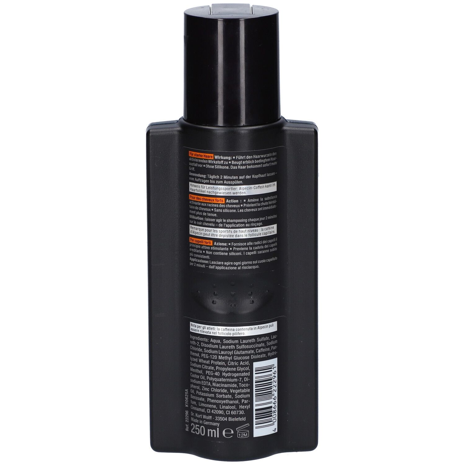 Achterkant van de zwarte Alpecin shampoo fles. Tekstinformatie en ingrediënten op het etiket.