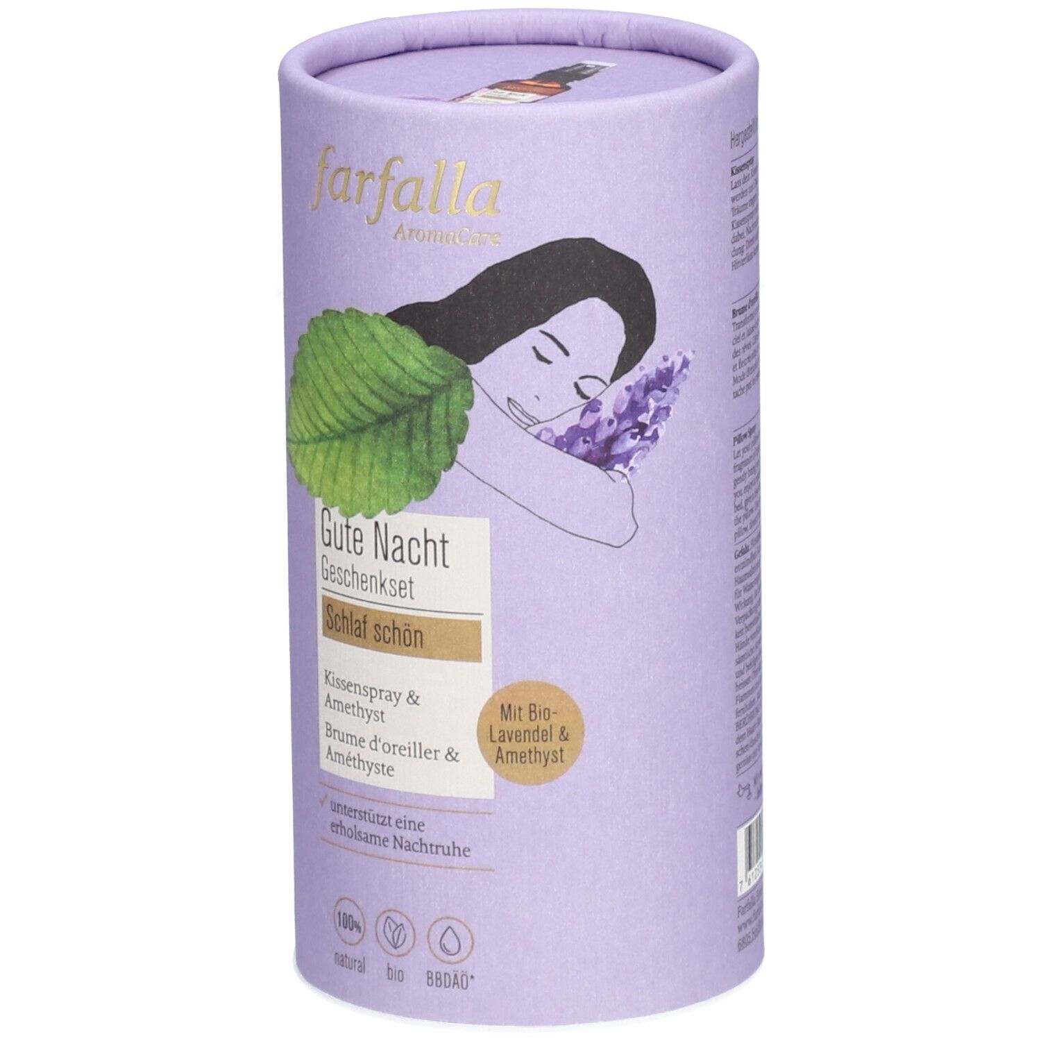 Cilindrische verpakking, lichtlila. farfalla logo, illustratie van een slapende persoon met lavendel. Tekst: Gute Nacht Geschenkset, Kissenspray & Amethyst.