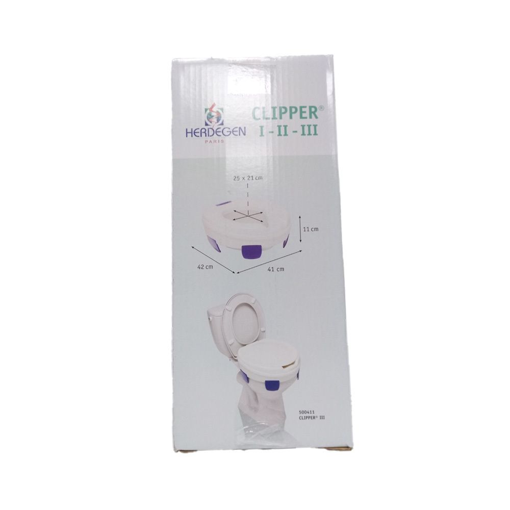 Emballage avec rehausseur de toilettes. Nom du produit: CLIPPER I-II-III. Dimensions: 42x41x11cm. Vue du produit de dessus et de côté.