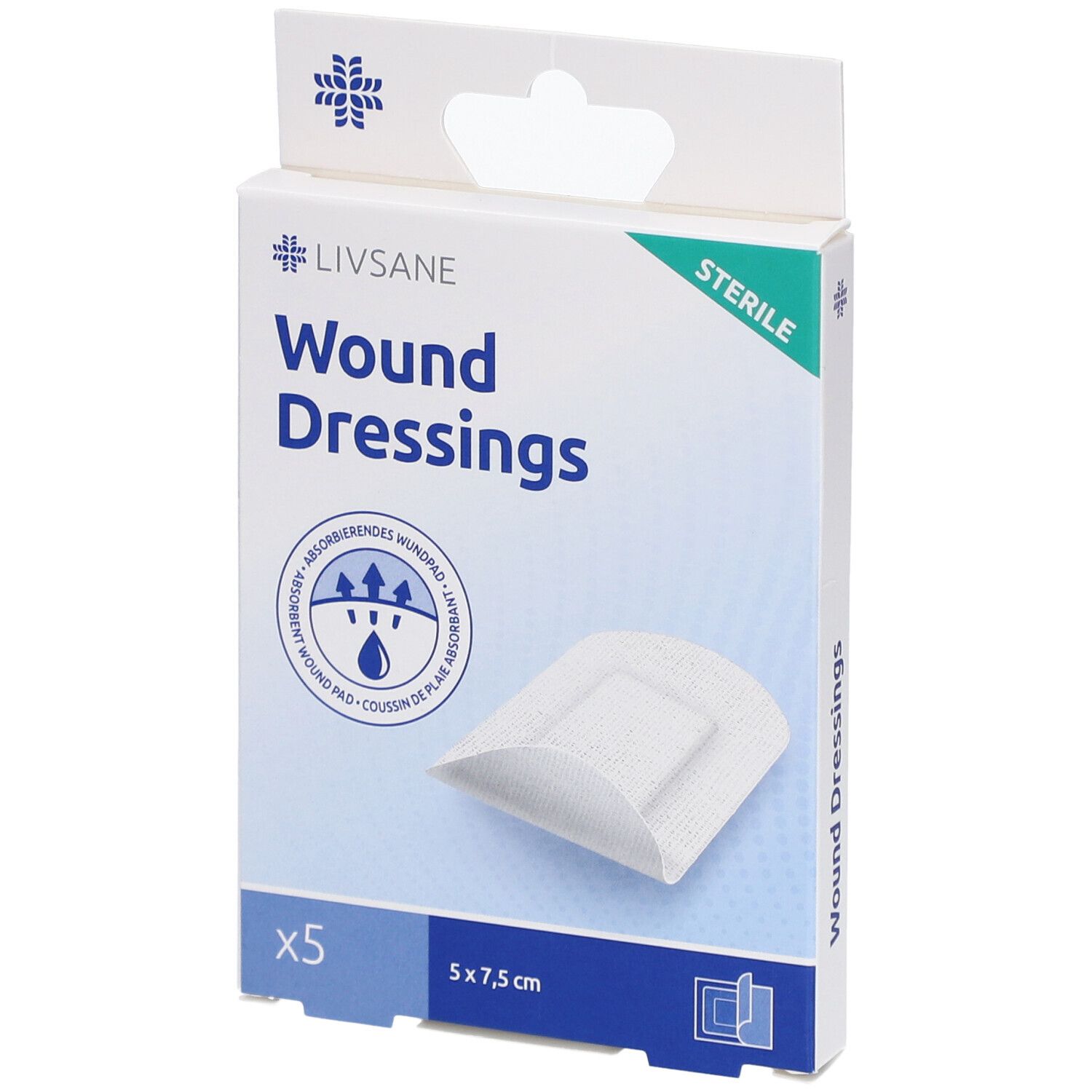 Verpakking LIVSANE wondverband. Bevat 5 stuks, 5 x 7,5 cm. Steriel.