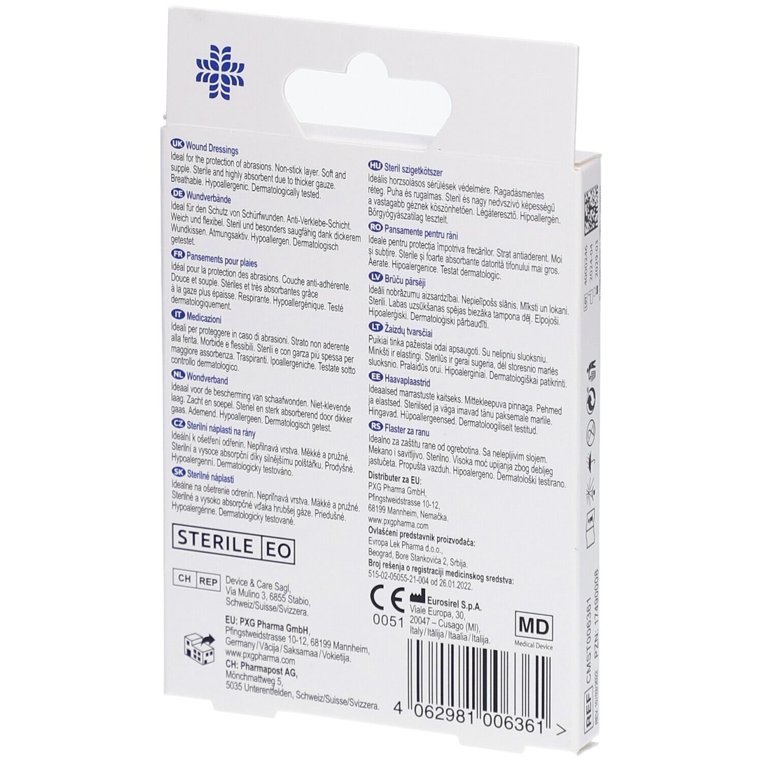 Achterkant van de LIVSANE wondverbandverpakking. Meertalige tekst. Steriel.