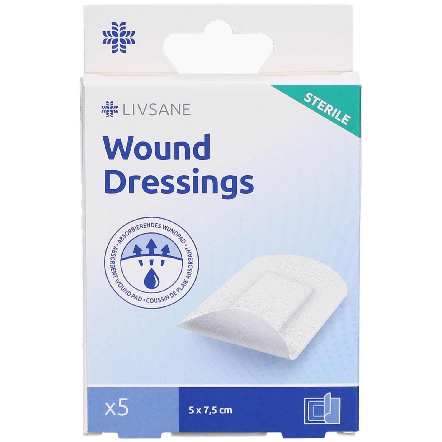 LIVSANE wondverbandverpakking. 5 stuks, 5 x 7,5 cm. Steriel.