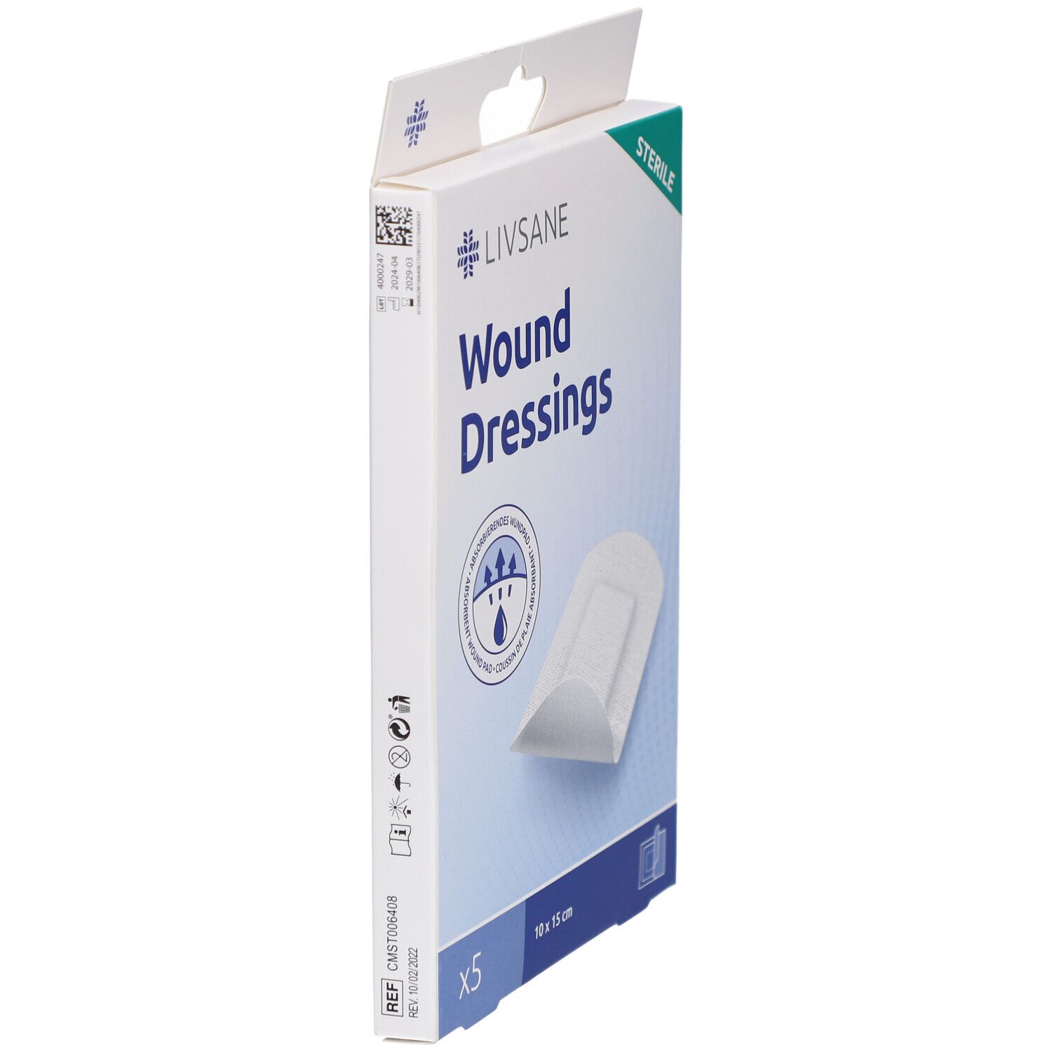 LIVSANE wondverband verpakking. 5 stuks, 10 x 15 cm. Steriel verband. Zijaanzicht.