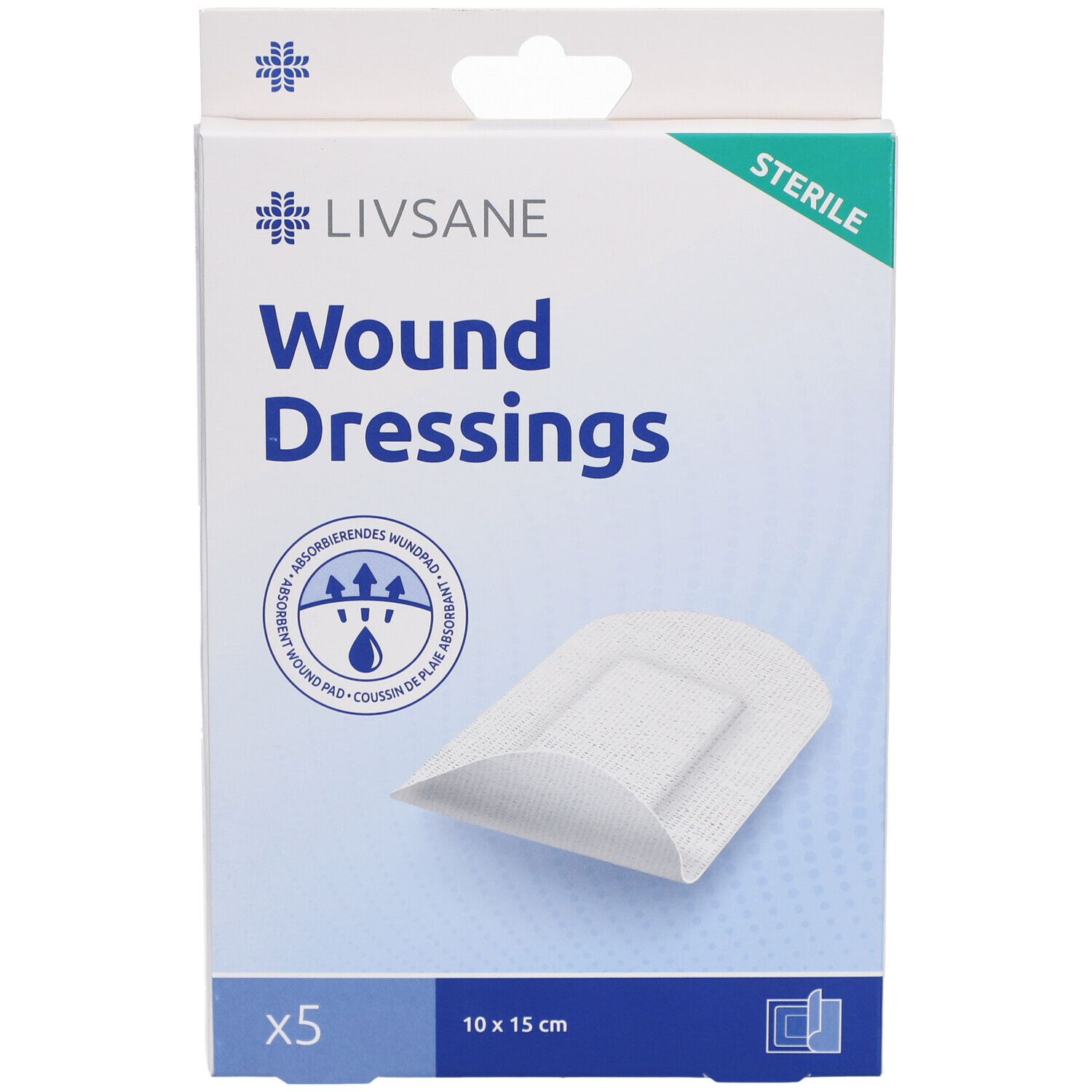 Verpakking LIVSANE wondverband. 5 stuks, 10 x 15 cm. Steriel verband. Productweergave.