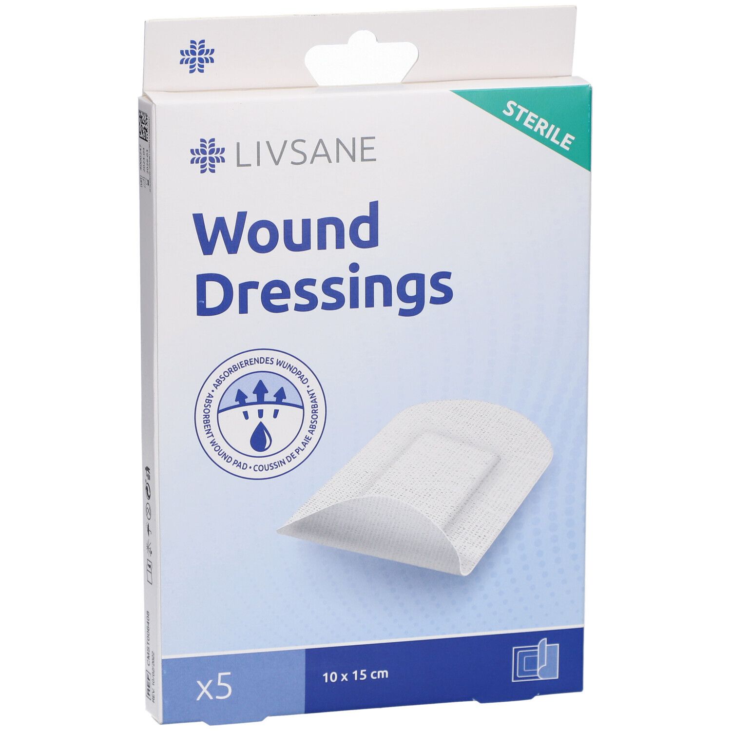 Verpakking LIVSANE wondverband. 5 stuks, 10 x 15 cm. Steriel verband. Productweergave.
