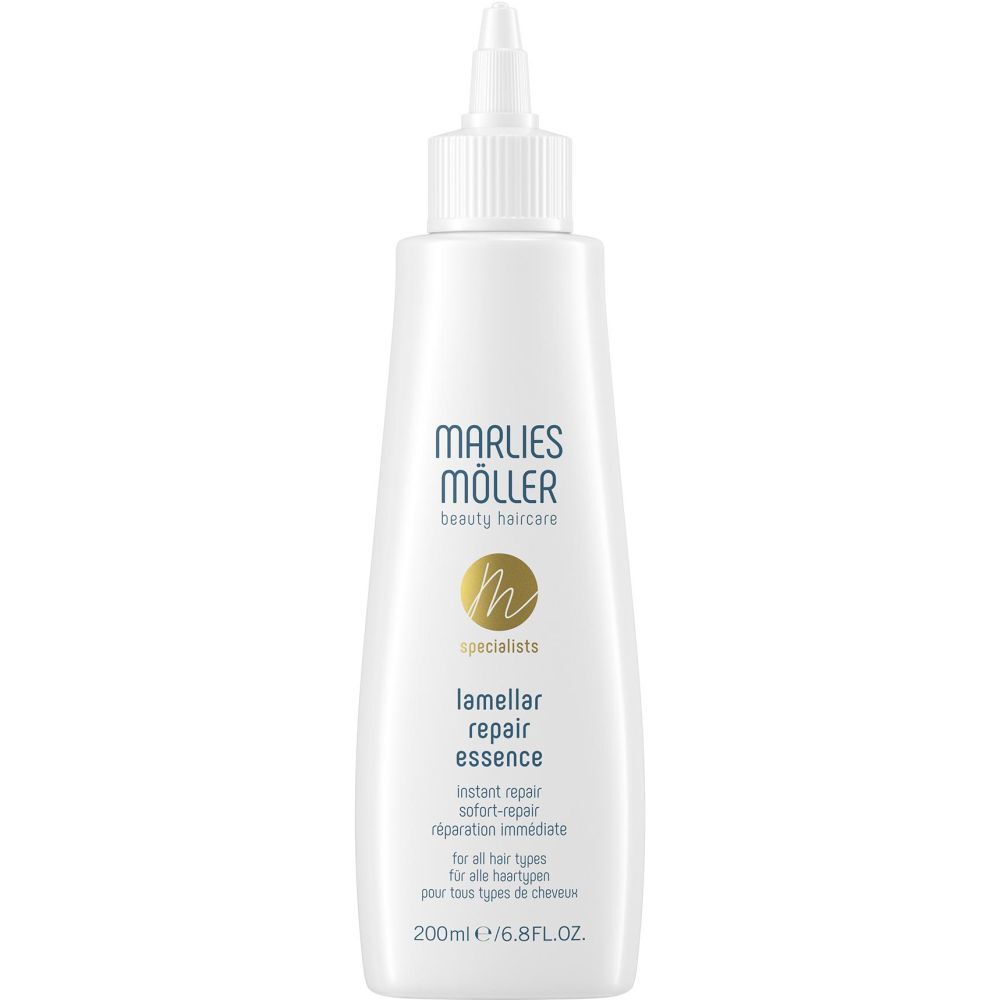 Witte fles met punt. Opschrift: Marlies Möller, Lamellar Repair Essence. Voor alle haartypes. 200ml.