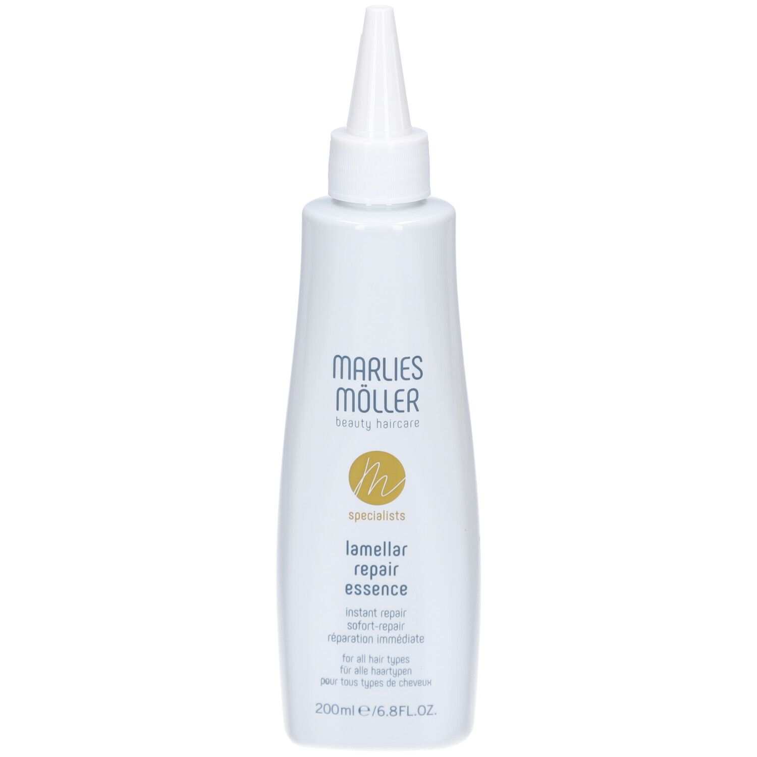 Witte fles met punt. Opschrift: Marlies Möller, Lamellar Repair Essence. Voor alle haartypes. 200ml.