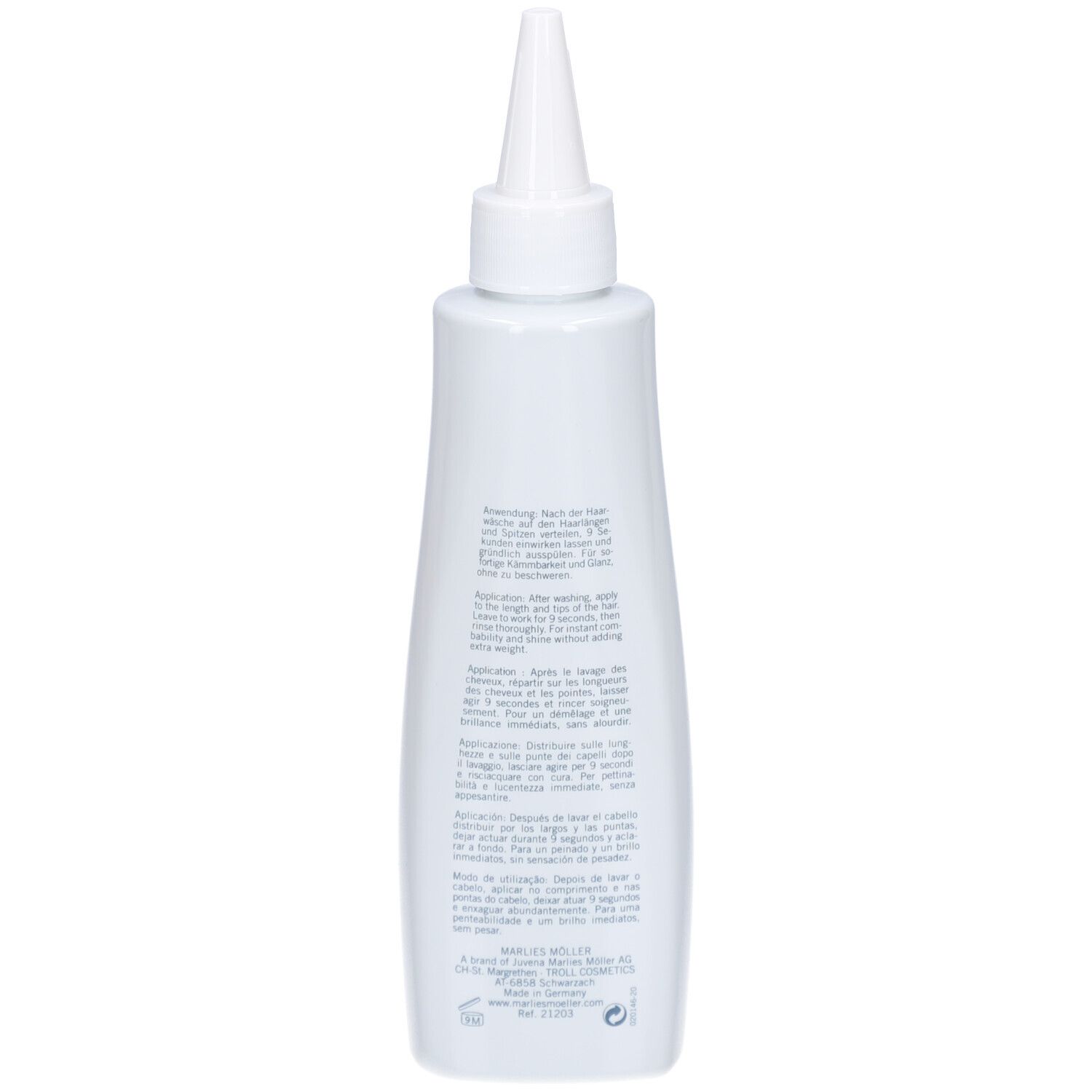 Achterkant van de witte fles. Tekst in meerdere talen. Productnaam: Marlies Möller, Lamellar Repair Essence.