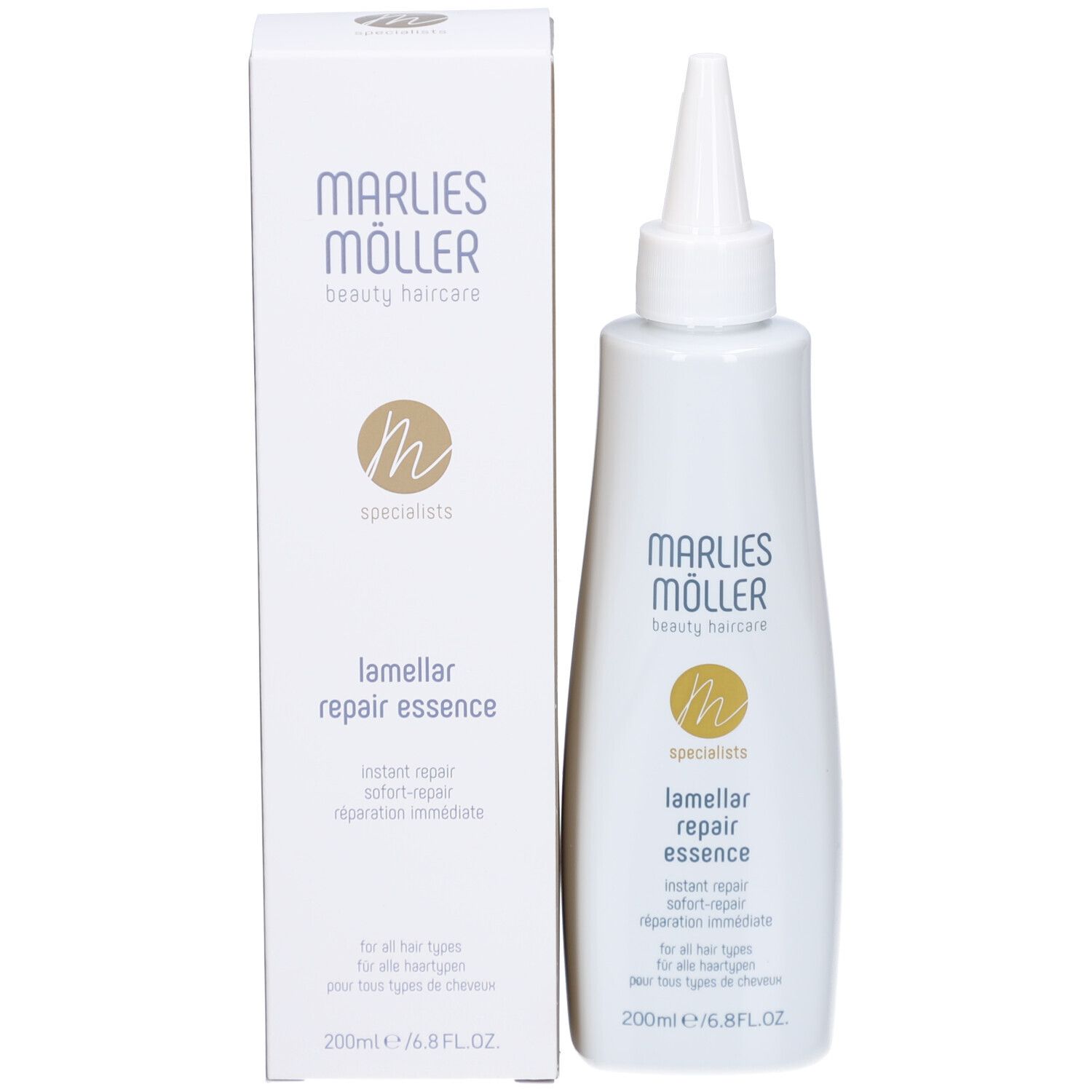 Product met verpakking. Witte fles en rechthoekige doos. Opschrift: Marlies Möller, Lamellar Repair Essence.