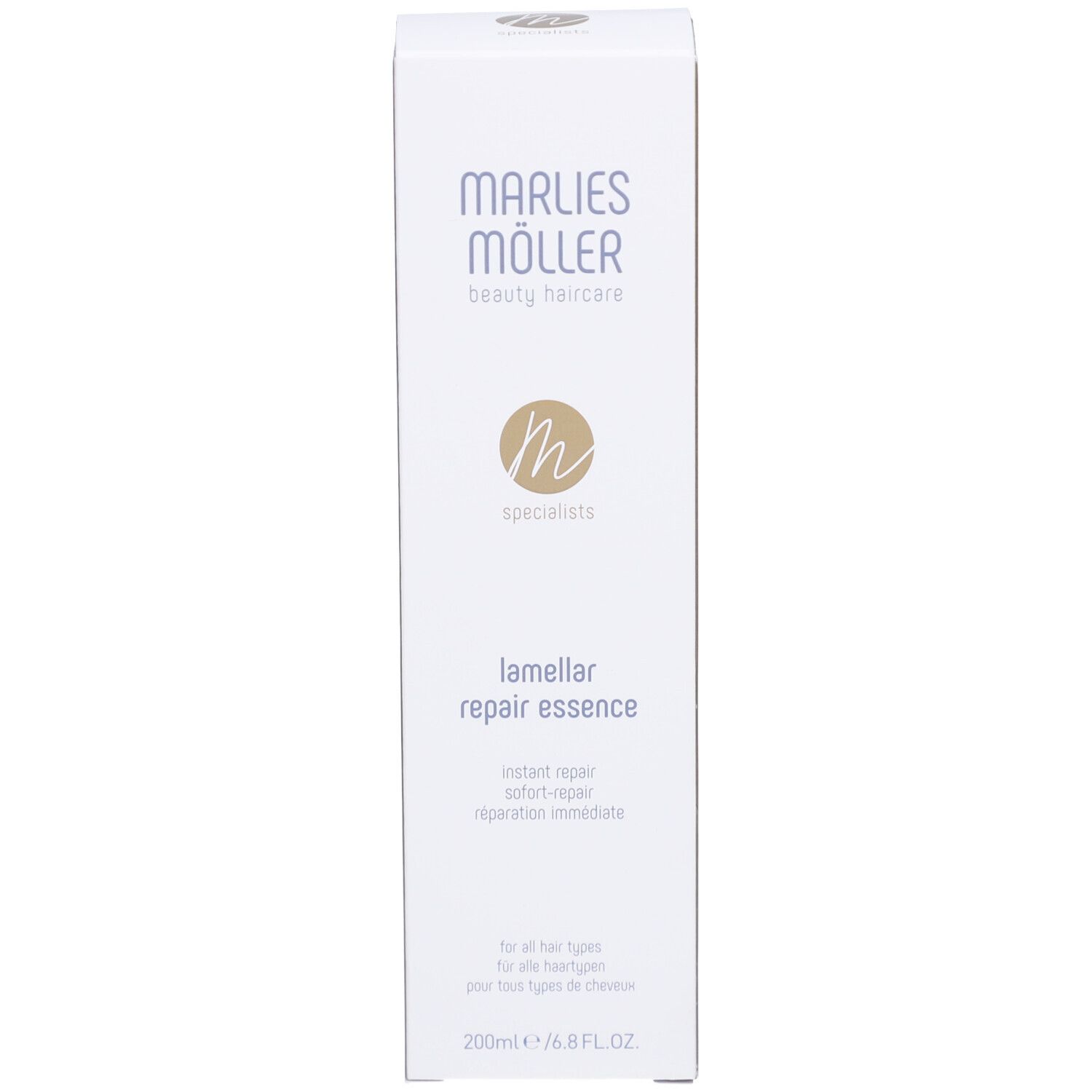 Rechthoekige witte doos. Opschrift: Marlies Möller, Lamellar Repair Essence. Voor alle haartypes. 200ml.