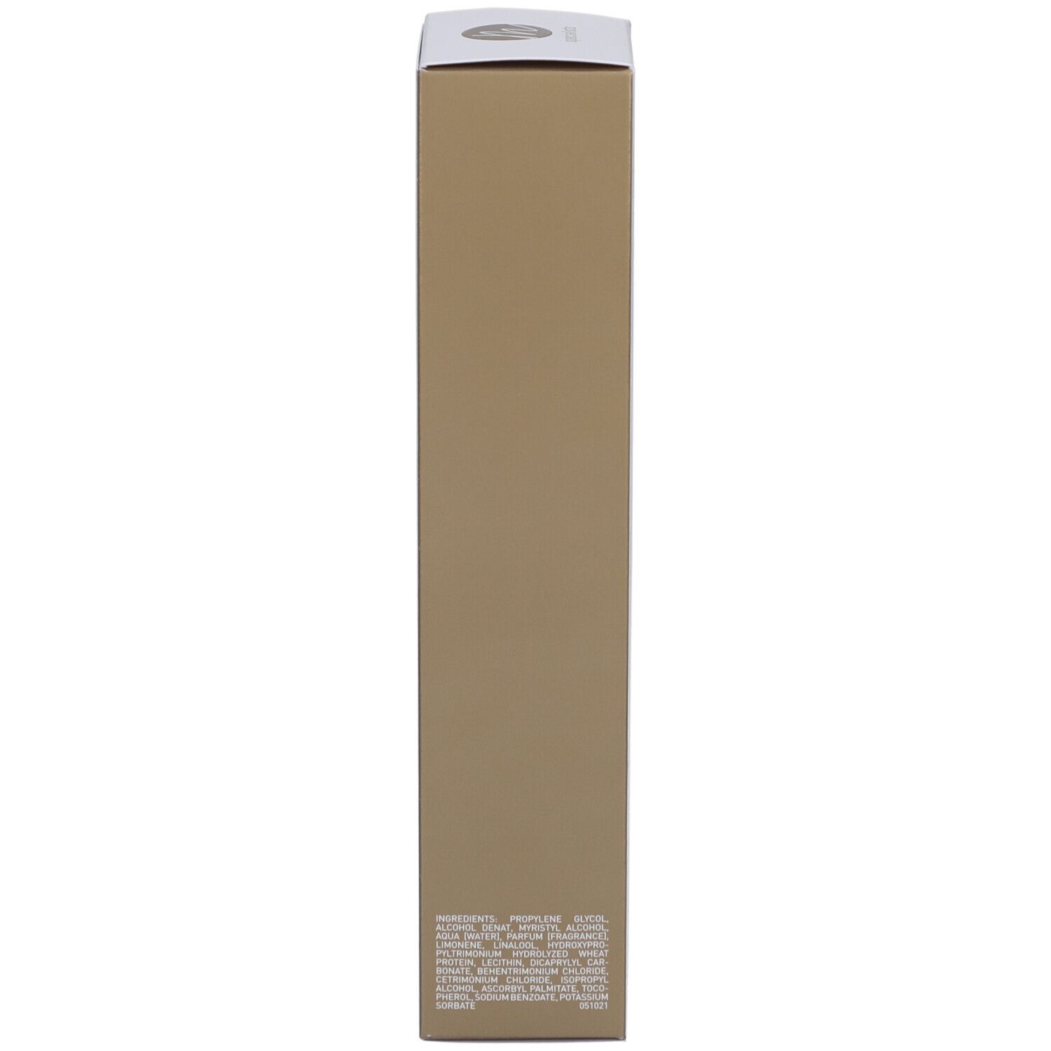 Bruine zijkant van de doos. Tekst met ingrediënten en informatie. Productnaam: Marlies Möller, Lamellar Repair Essence.