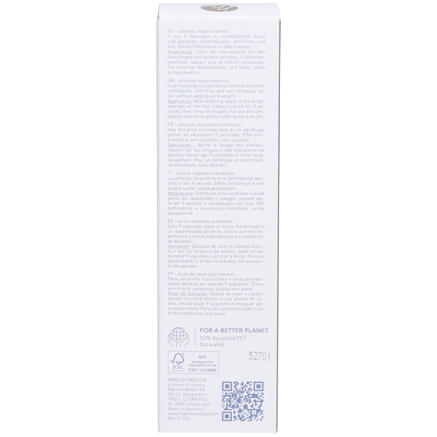 Achterkant van de doos. Tekst in meerdere talen. Productnaam: Marlies Möller, Lamellar Repair Essence.