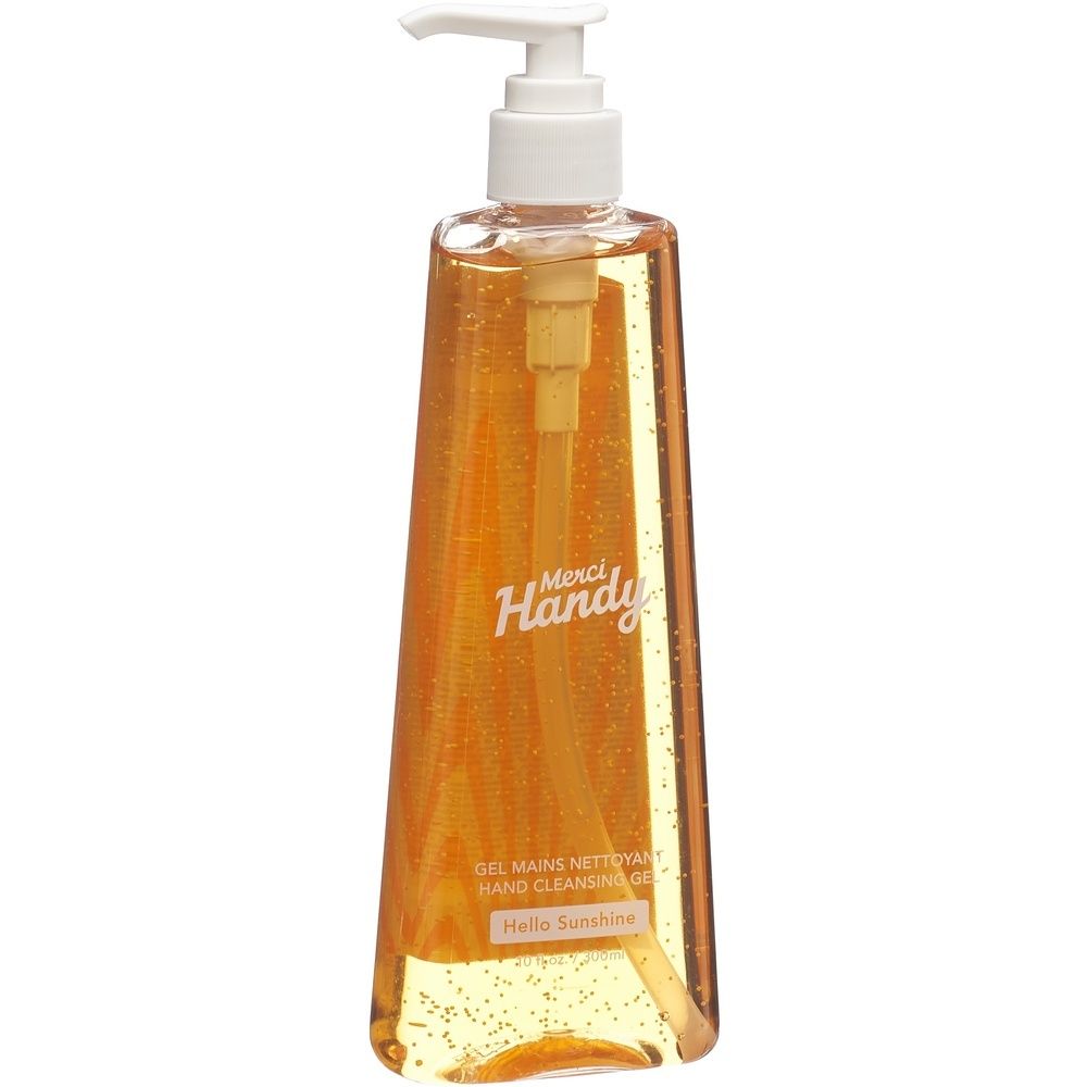 Gel Nettoyant Mains Hallo Sonnenschein. Flacon transparent avec pompe blanche. Inscription Merci Handy.