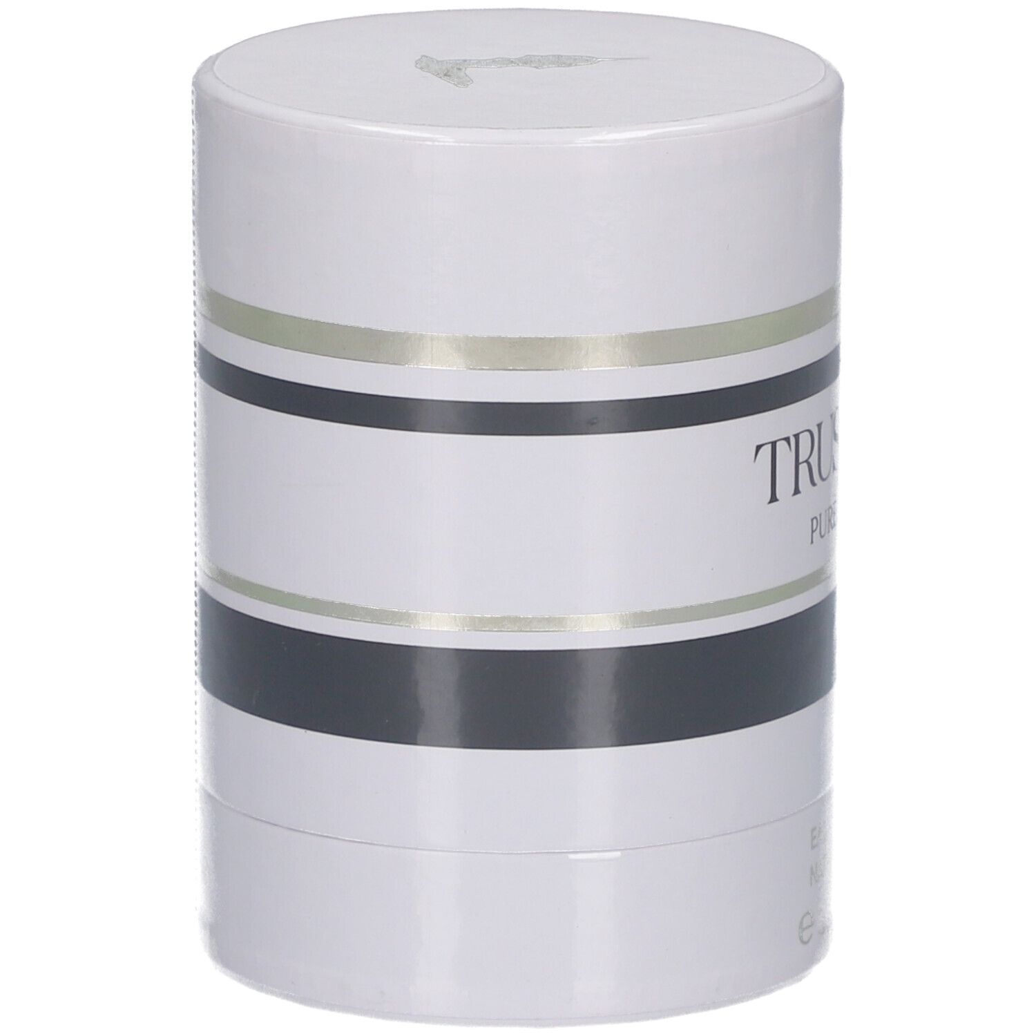 Emballage cylindrique blanc, rayures noires et dorées. Texte: TRUSSARDI PURE JASMINE. Eau de Parfum Natural Spray.