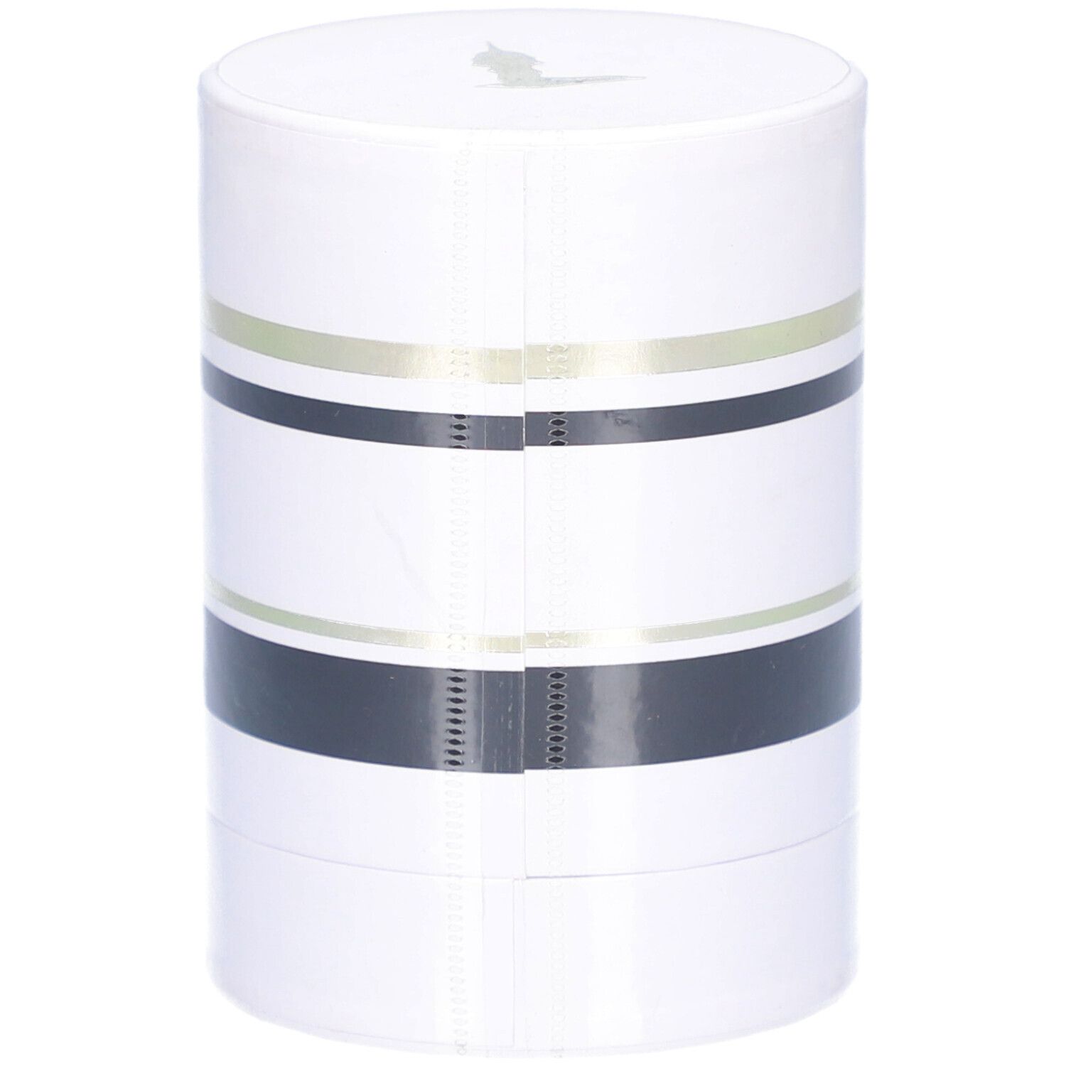 Emballage cylindrique blanc, rayures noires et dorées. Texte: TRUSSARDI PURE JASMINE. Eau de Parfum Natural Spray.