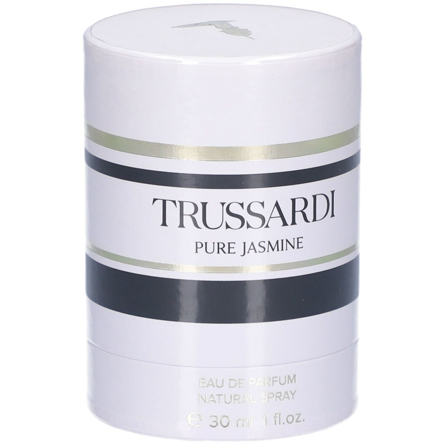 Emballage cylindrique blanc, rayures noires et dorées. Texte: TRUSSARDI PURE JASMINE. Eau de Parfum Natural Spray.